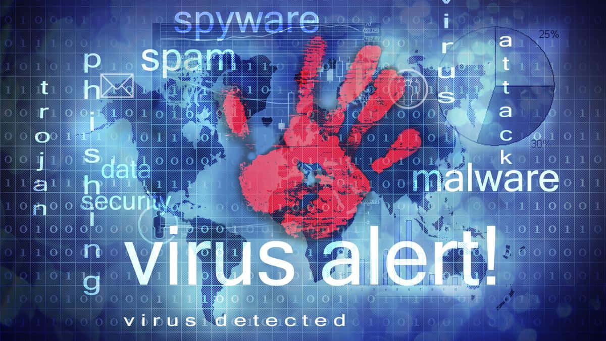 Malware, red handprint, digital world map, SD Desktop Wallpaper