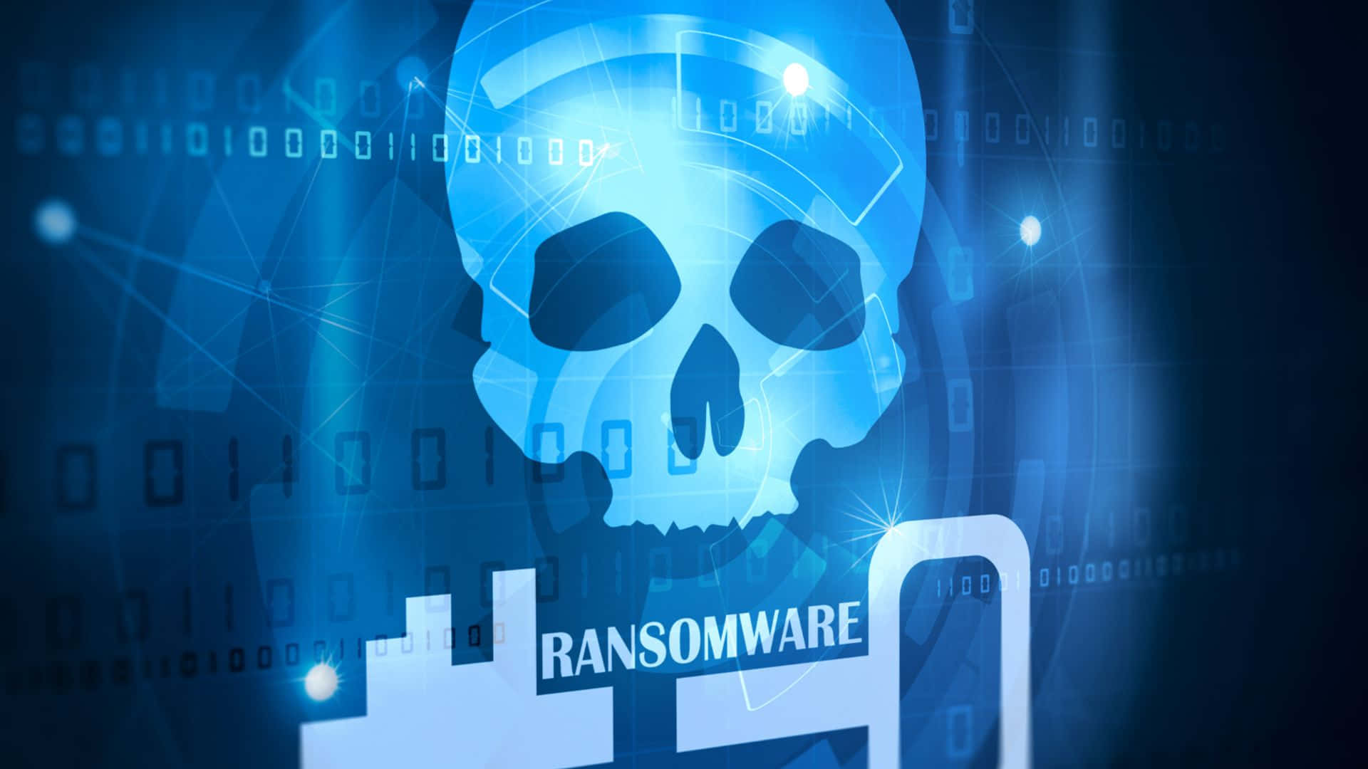 Malicious Malware Code, glowing blue skull, binary code, Full HD Desktop Wallpaper