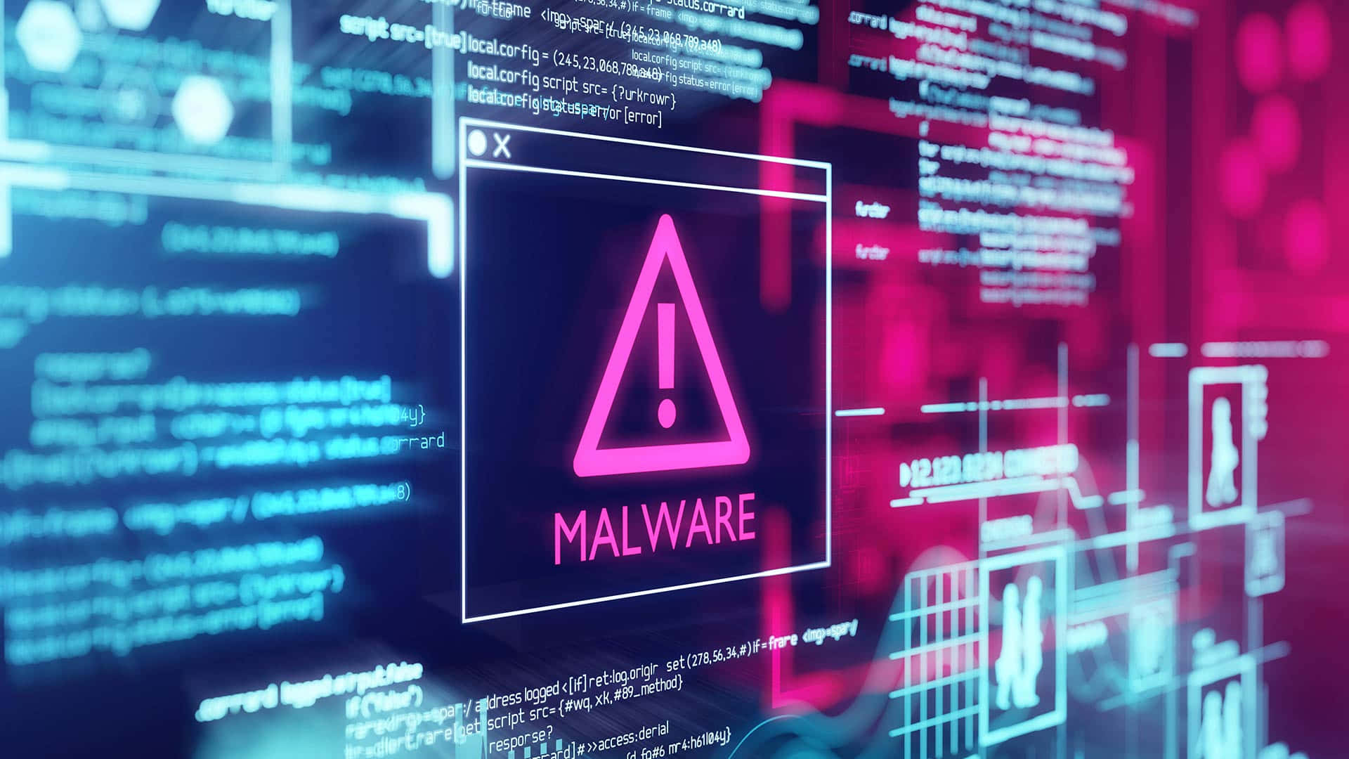 malware, glowing pink malware warning icon, blurred blue and red digital code, Full HD Desktop Wallpaper