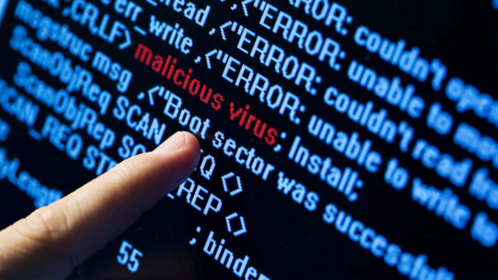 virus, glowing blue and red error messages, dark screen, HD Desktop Wallpaper