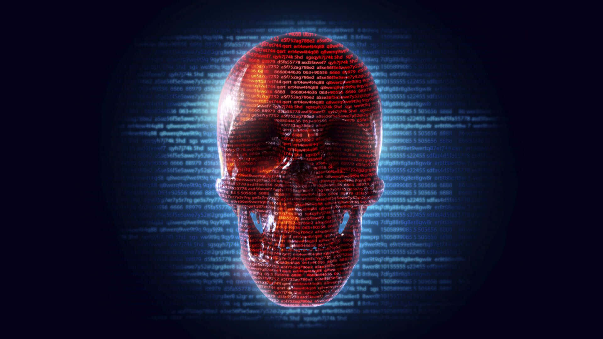 red skull, glowing red light, scrolling code, Full HD Desktop Wallpaper