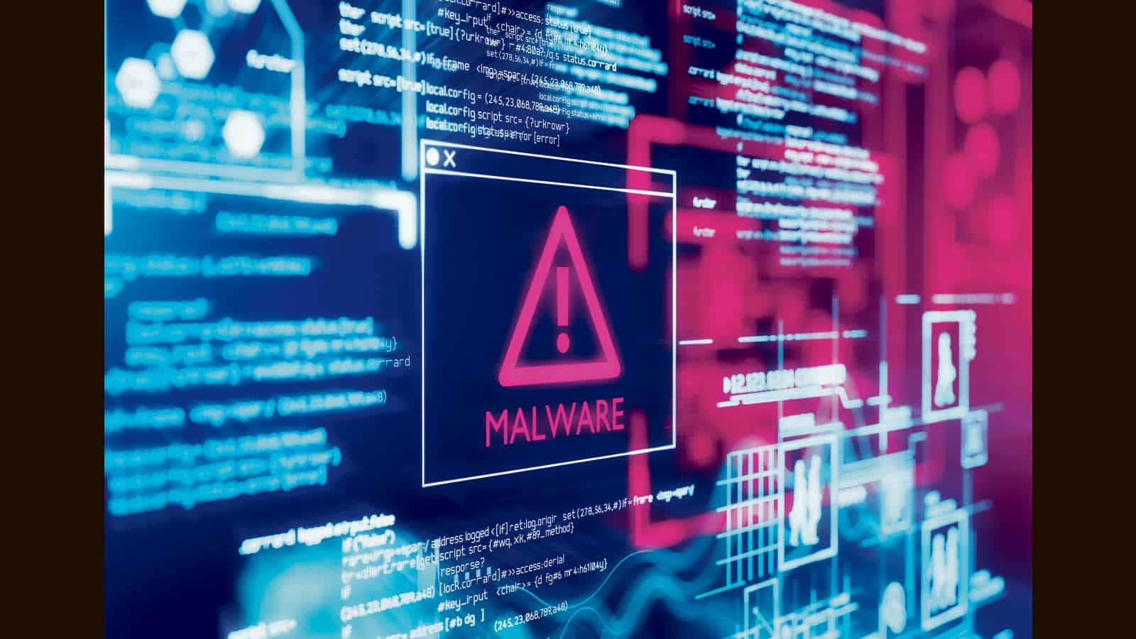 glowing pink malware warning icon, blue and red digital code, interface elements, HD Desktop Wallpaper