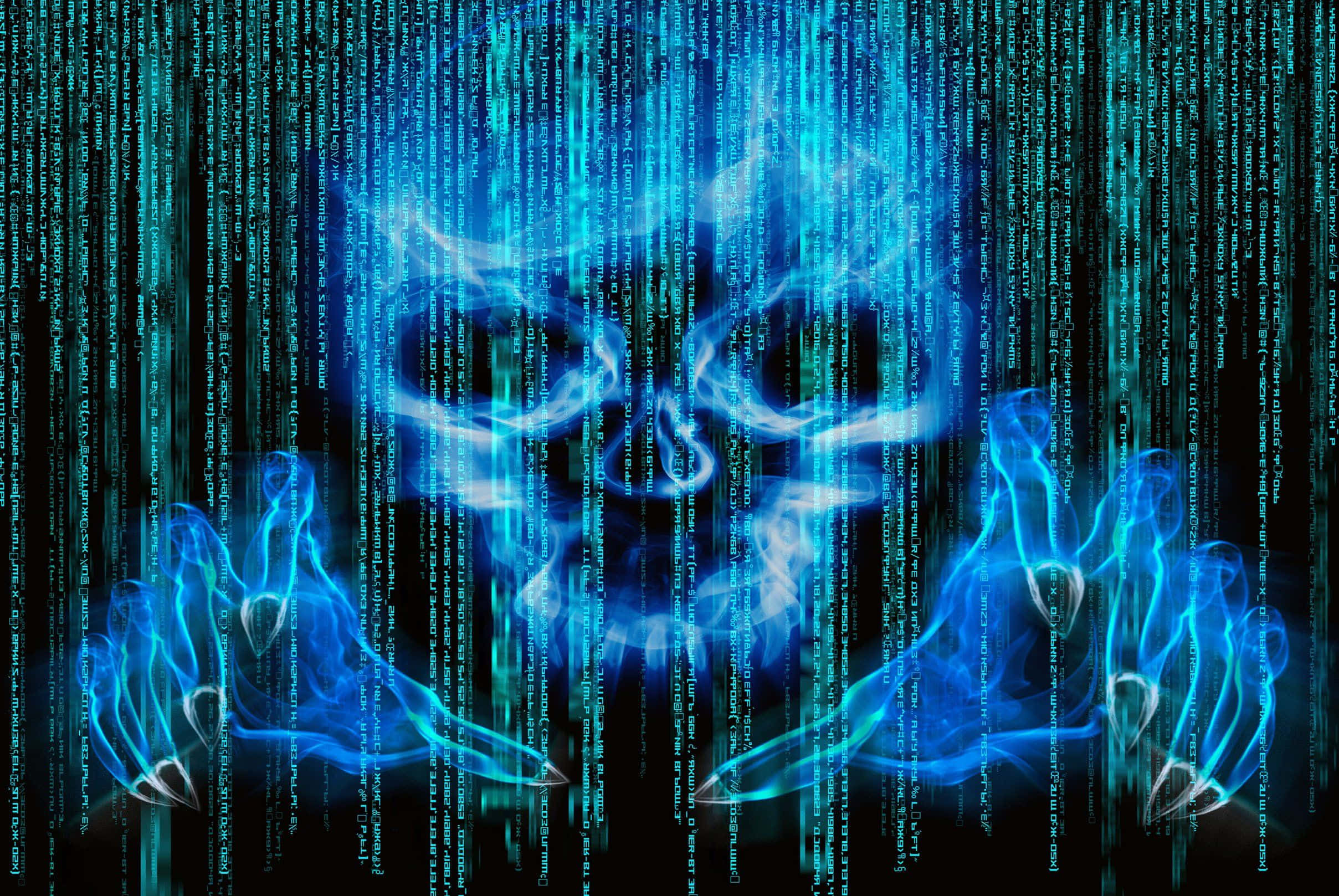 blue hand, blue skull, glowing blue digital hands, Full HD Desktop Wallpaper