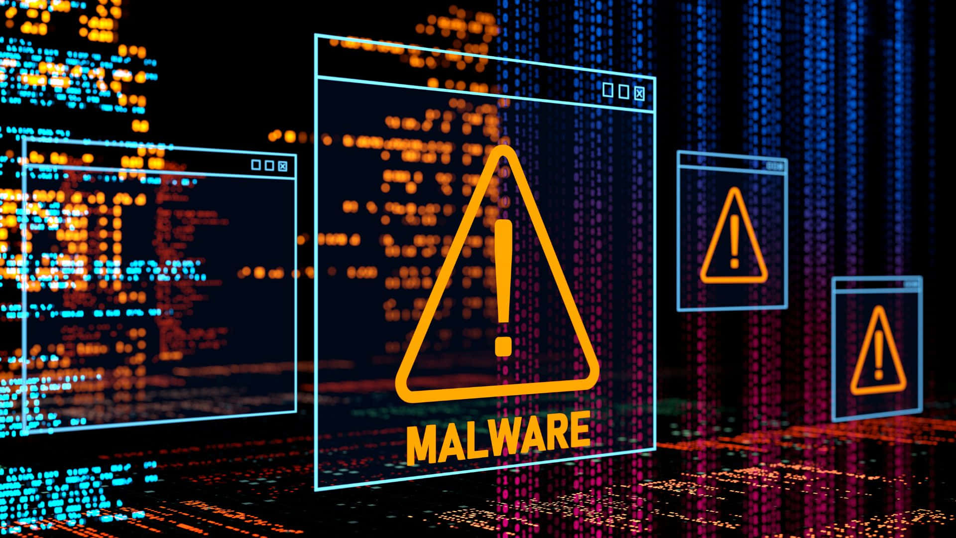 Malware, glowing orange, digital code streams, Full HD Desktop Wallpaper