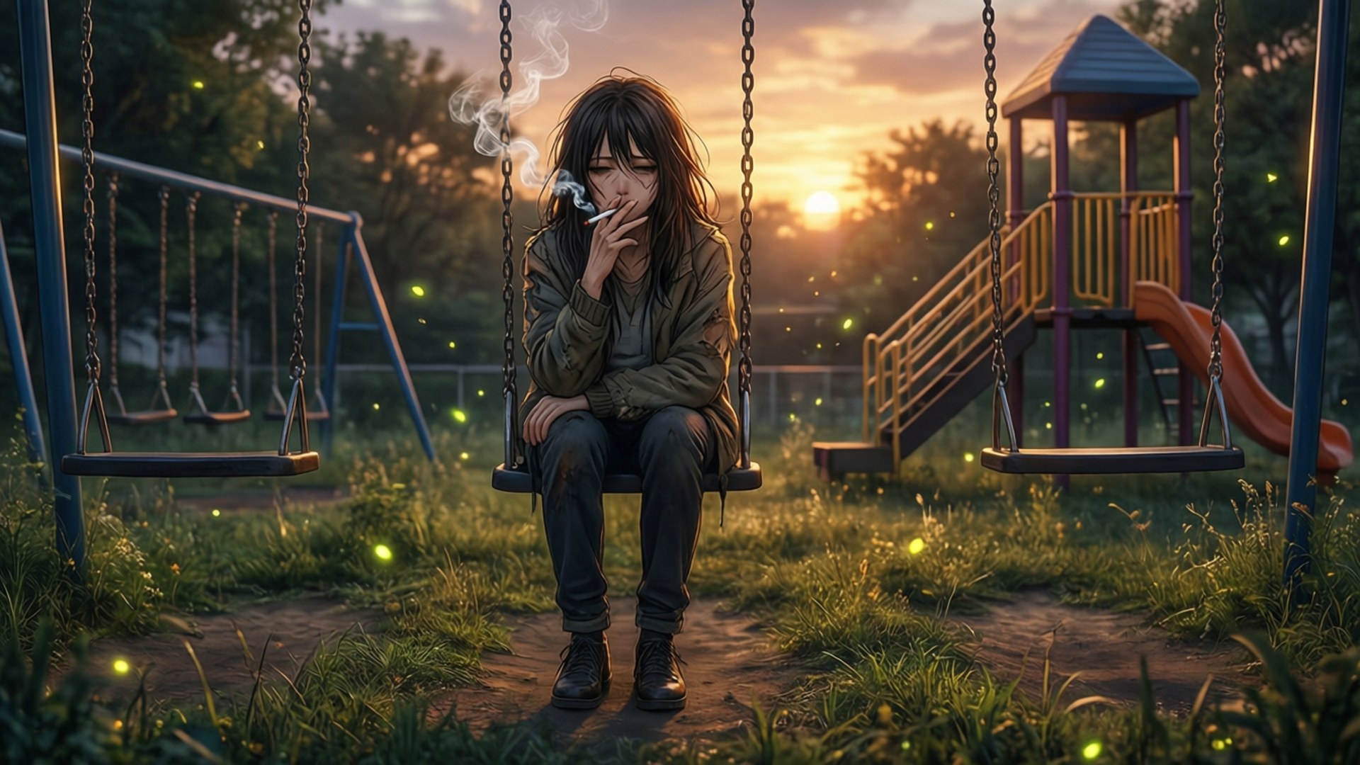 Mamimi Samejima, swing, twilight, Full HD Desktop Wallpaper