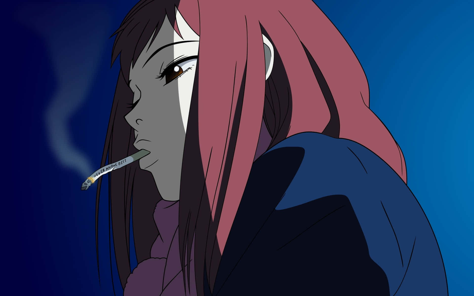 Mamimi Samejima, pink and dark hair, smokes a cigarette, Full HD Desktop Wallpaper