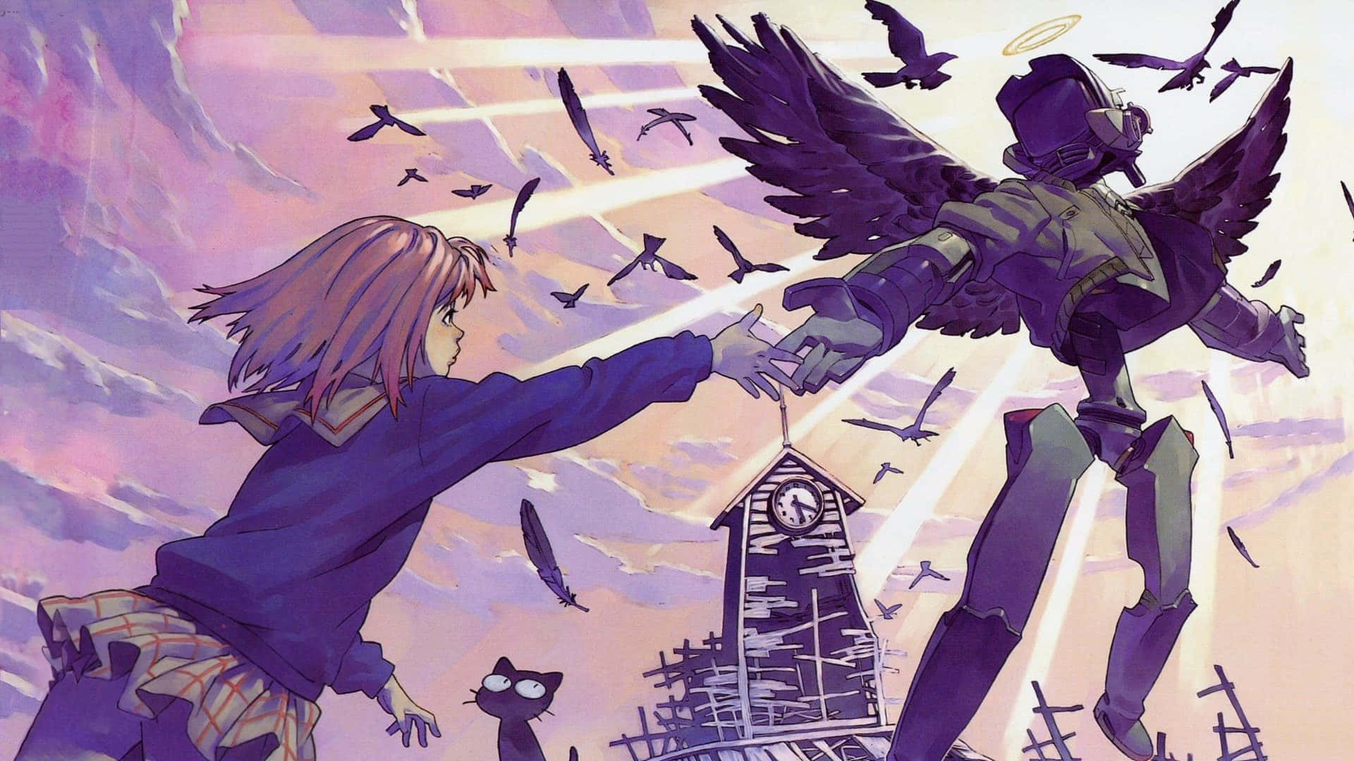 Mamimi Samejima, purple sky, winged armored figure, Full HD Desktop Wallpaper