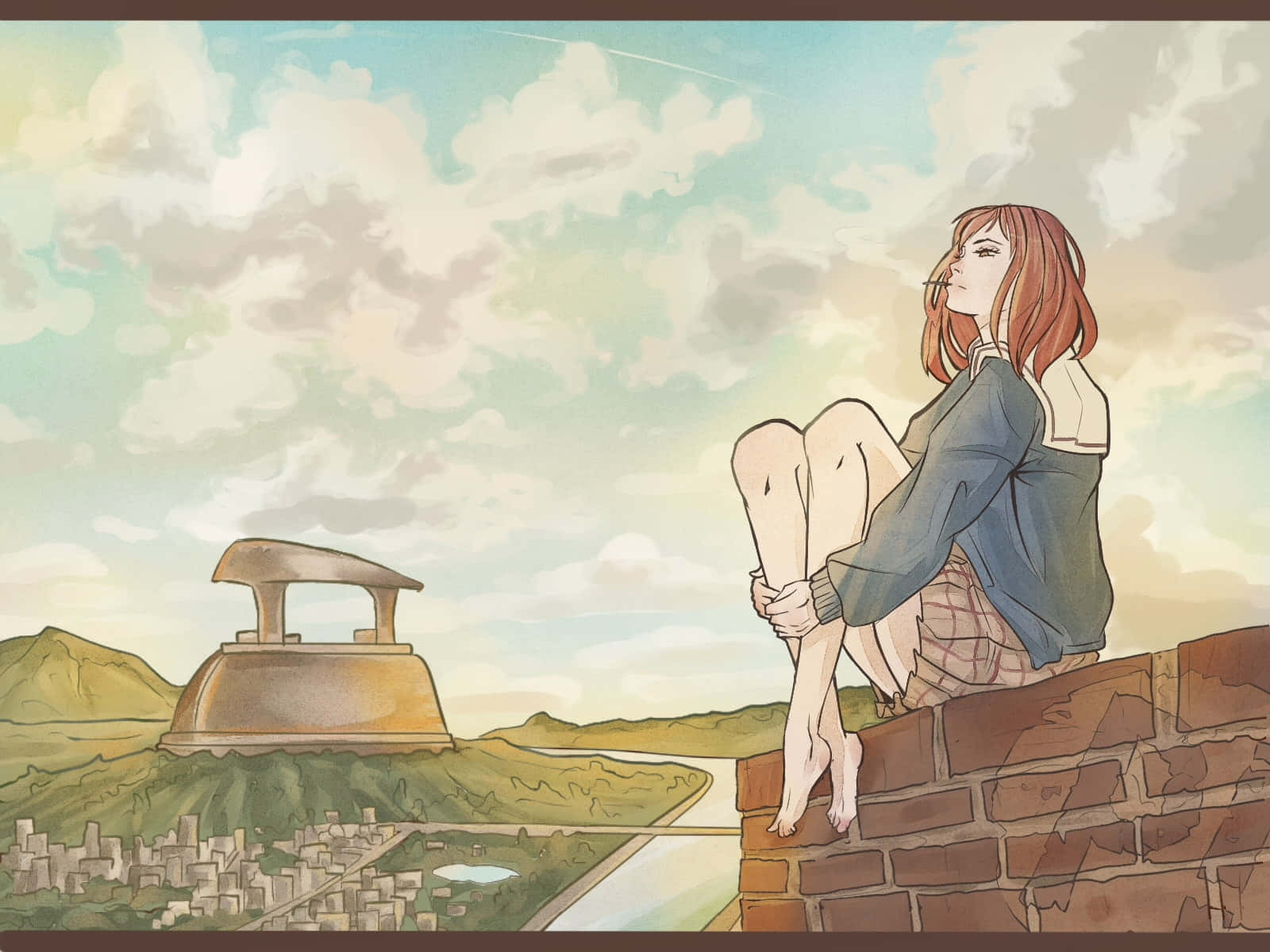 Mamimi Samejima, red hair, brick wall, HD Desktop Wallpaper