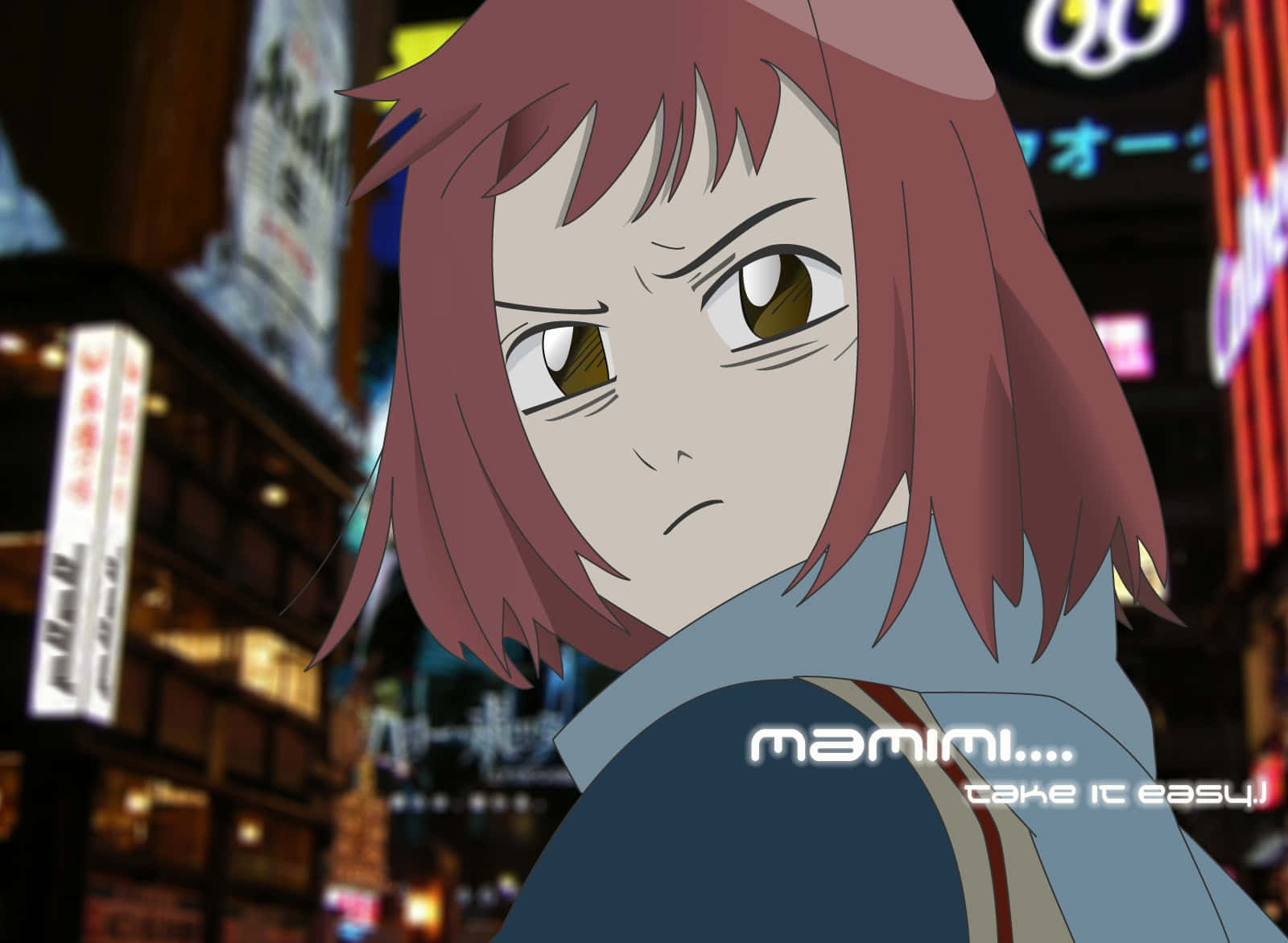 Mamimi Samejima, neon-lit city night, bridge, HD Desktop Wallpaper