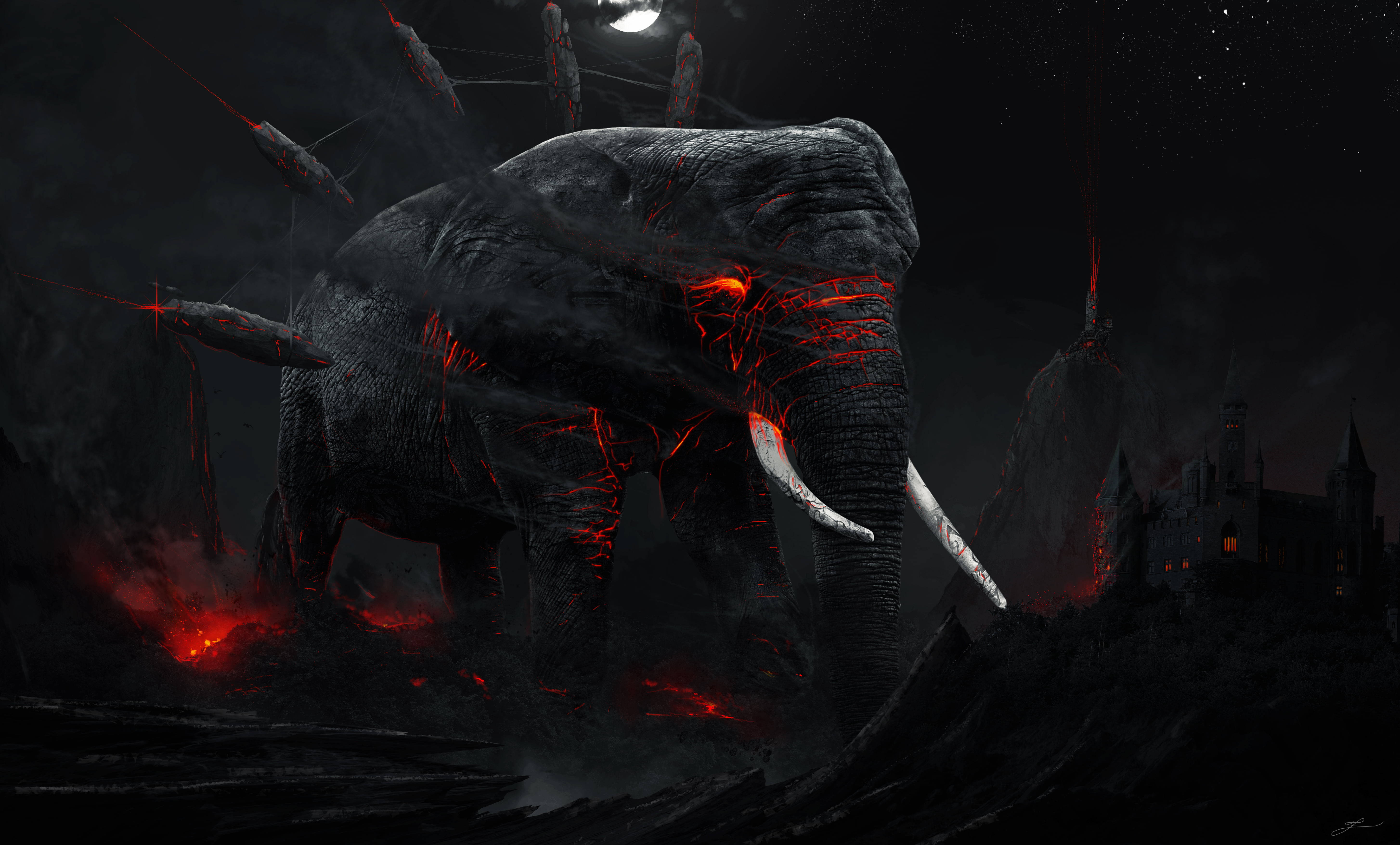 Mammoth, volcanic lava, moonlit night sky, 5K Desktop Wallpaper