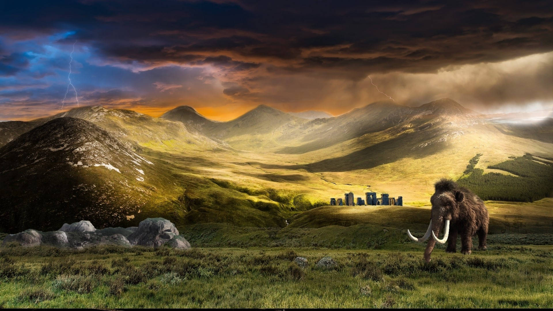 Mammoth, stormy sky, lightning, Full HD Desktop Wallpaper