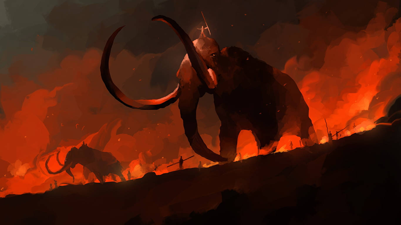 mammoth, village on fire, fiery orange sky, HD Desktop Wallpaper