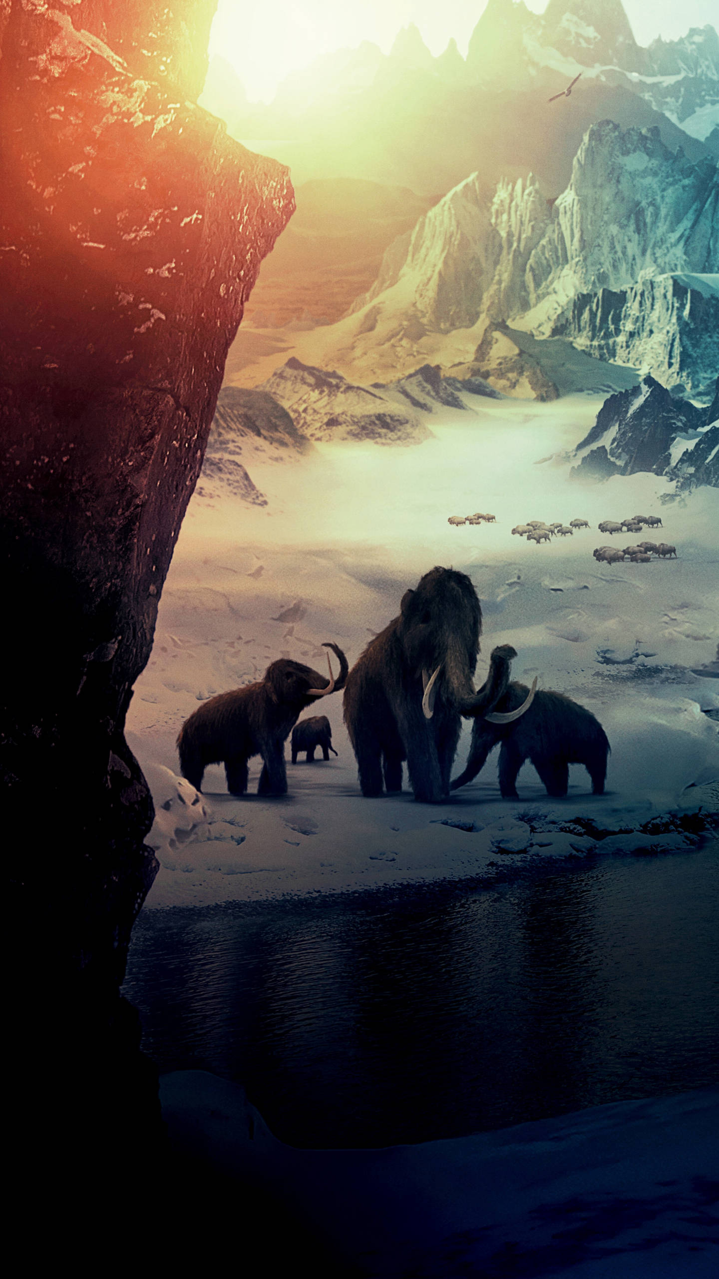woolly mammoths, frozen lake, snowy river, 2K Phone Wallpaper