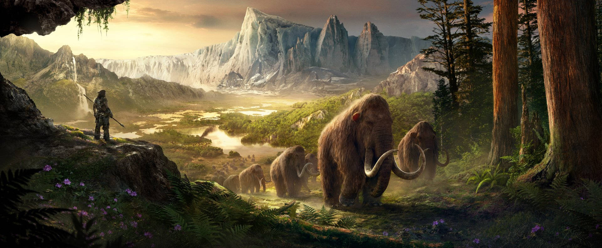 woolly mammoths, lush valley, snow-capped mountains, Full HD Desktop Wallpaper
