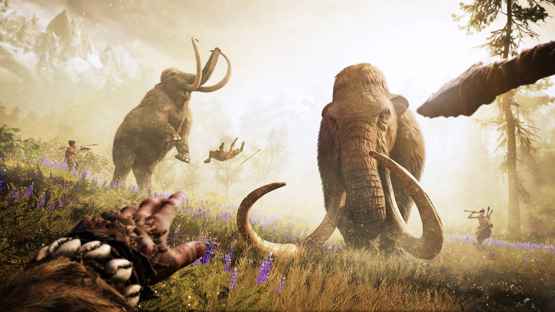 Mammoth, prehistoric hunter, misty meadow, Full HD Desktop Wallpaper