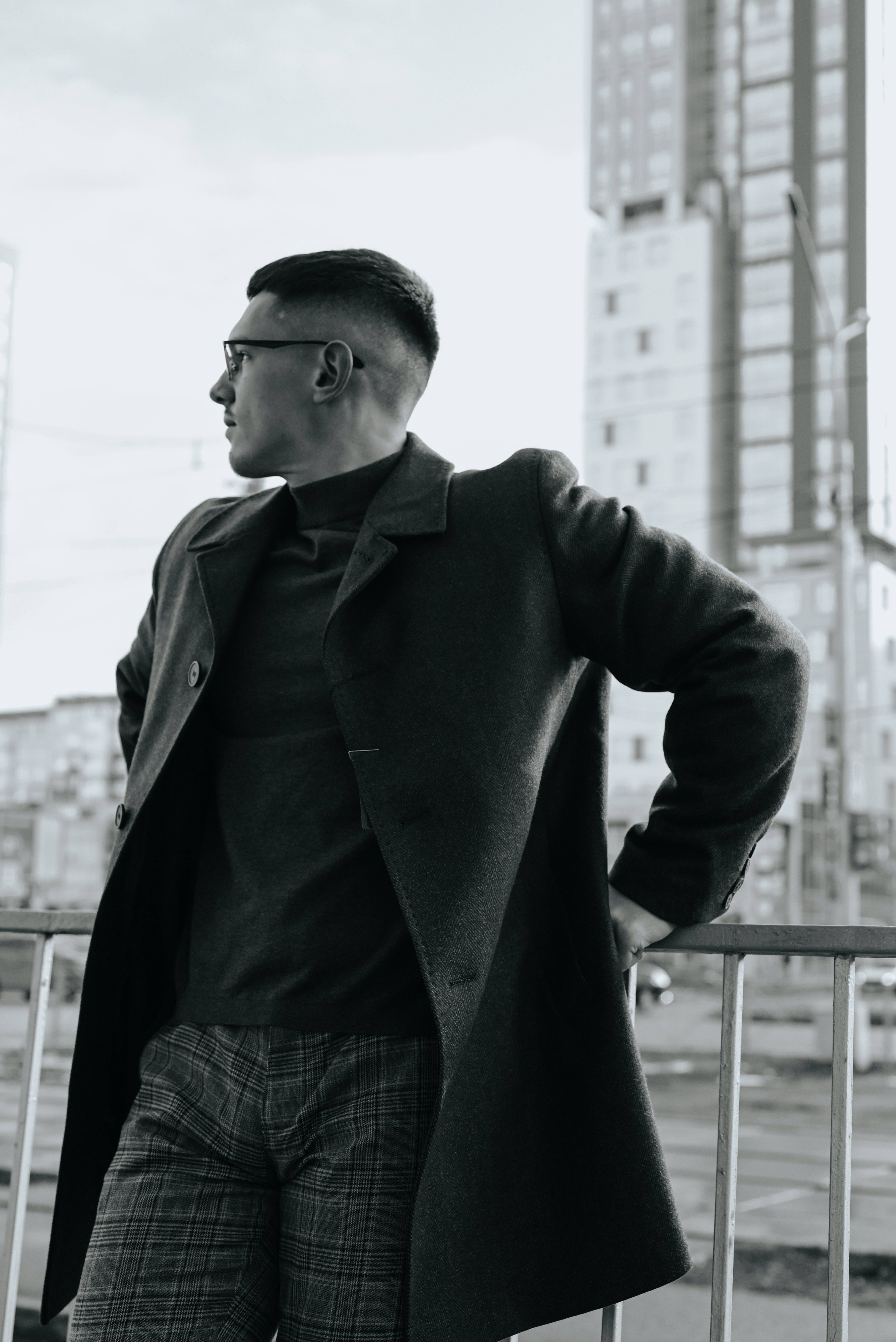 black and white city man aesthetic, city balcony, tall buildings, 5K Phone Wallpaper