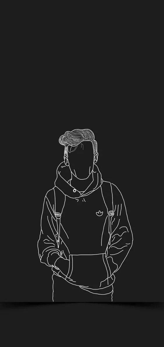 outline man aesthetic, minimalist white line drawing, person in a hoodie, SD Phone Wallpaper