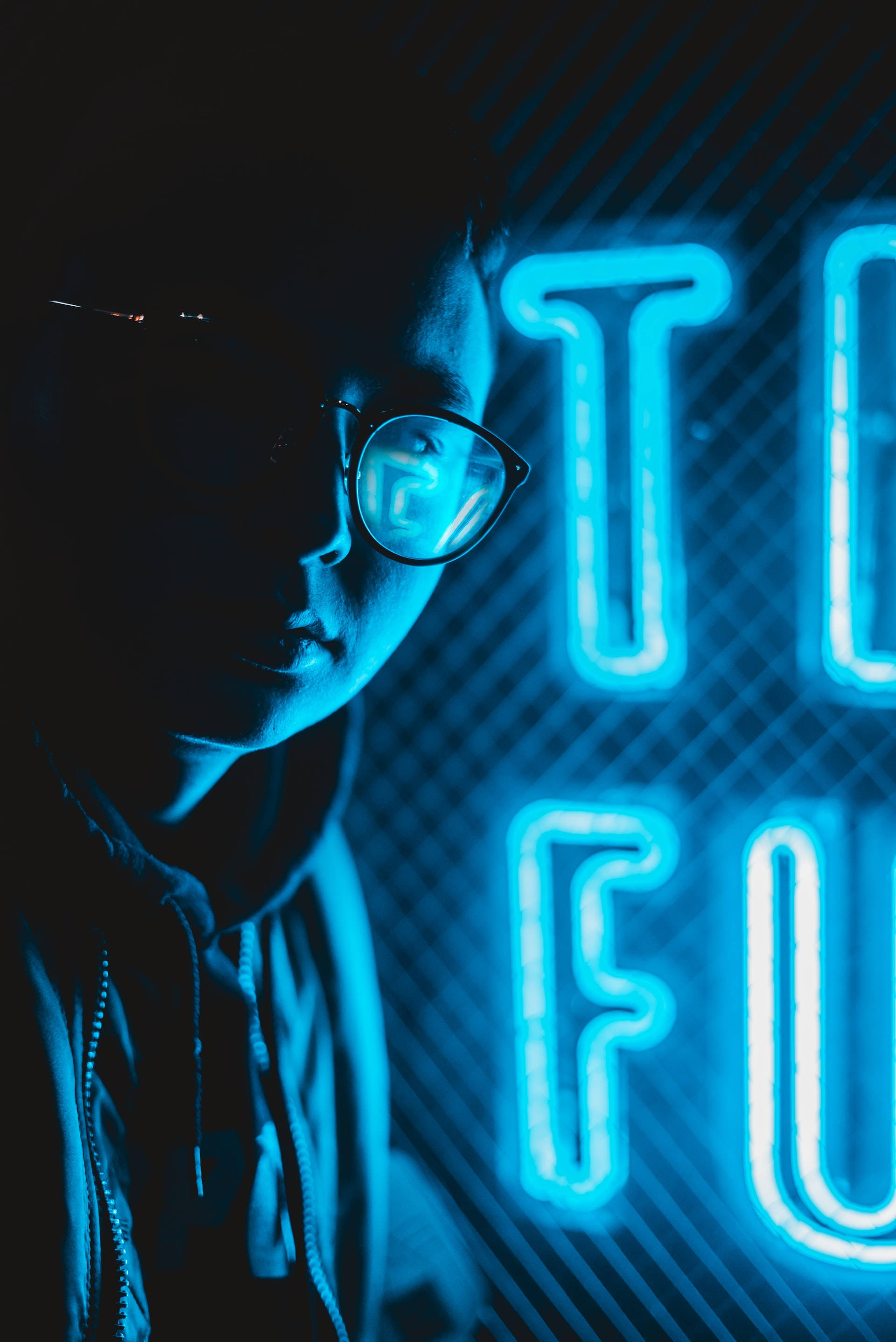 neon blue, iPhone, glasses, 2K Phone Wallpaper