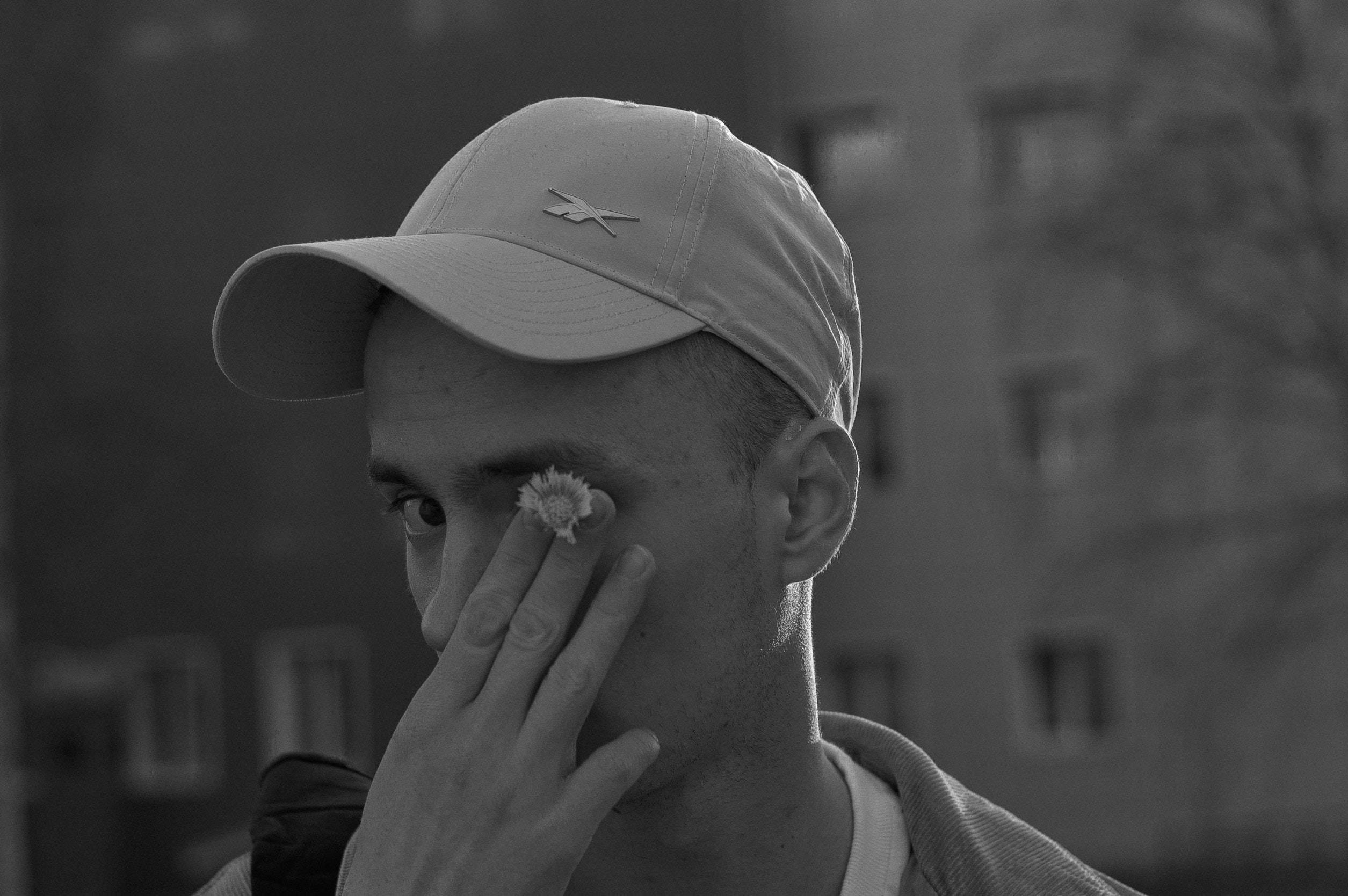 black and white flower man aesthetic, man, cap, Full HD Desktop Wallpaper