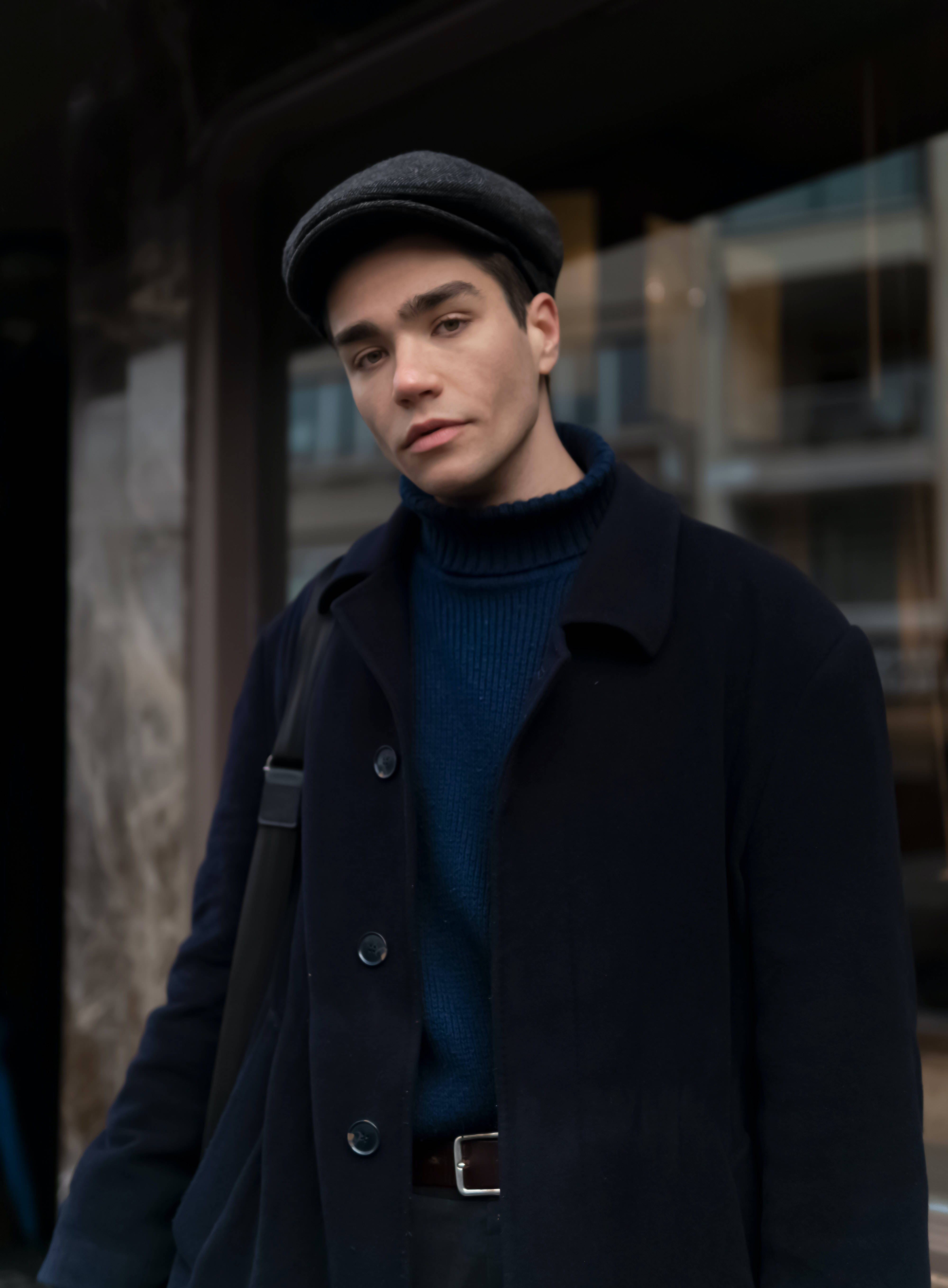 big coat, flat cap, city street, 5K Phone Wallpaper
