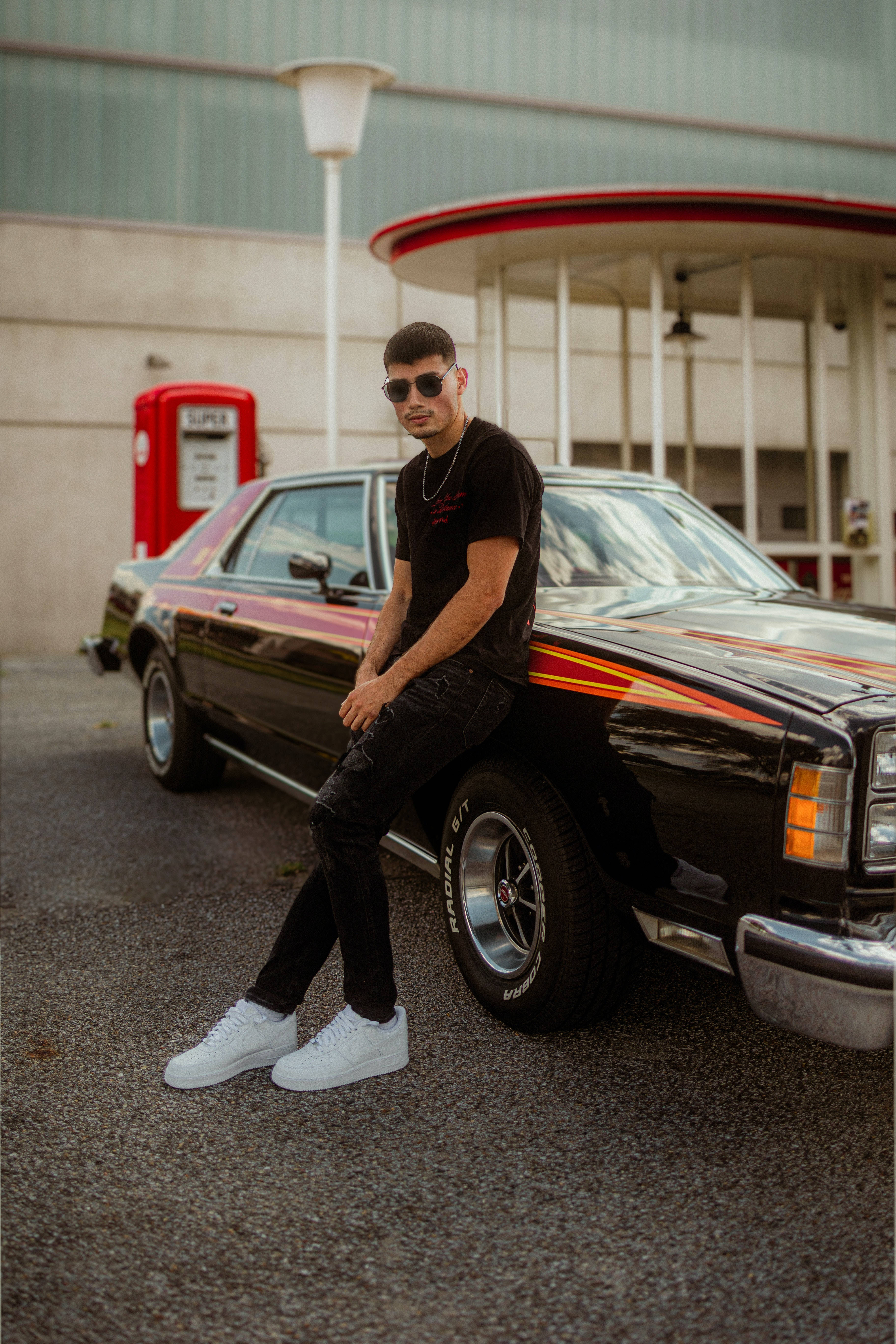 black classic muscle car, retro gas station, sunglasses, 5K Phone Wallpaper
