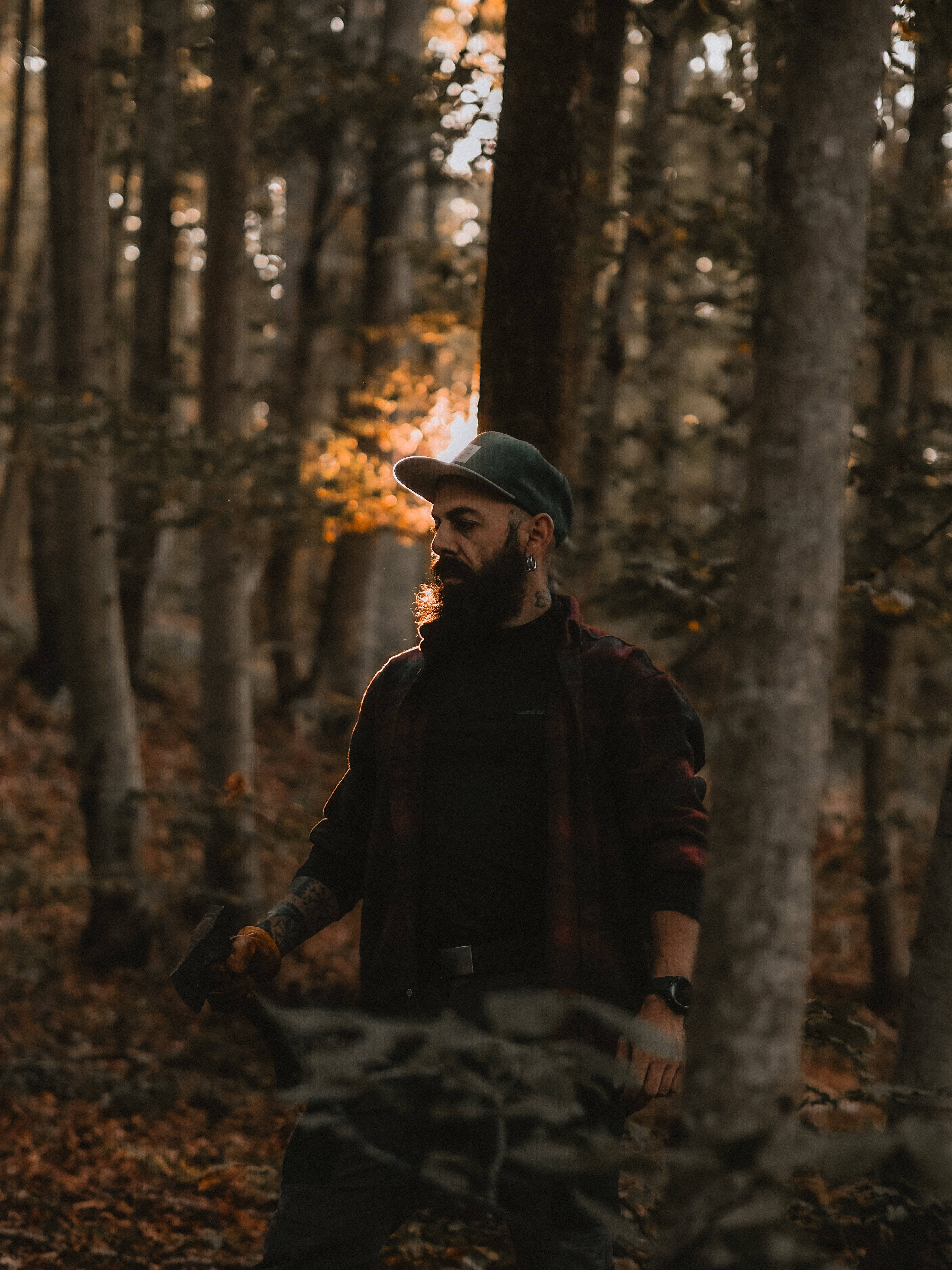 Woodcutter Man Aesthetic, bearded man, cap, 4K Phone Wallpaper