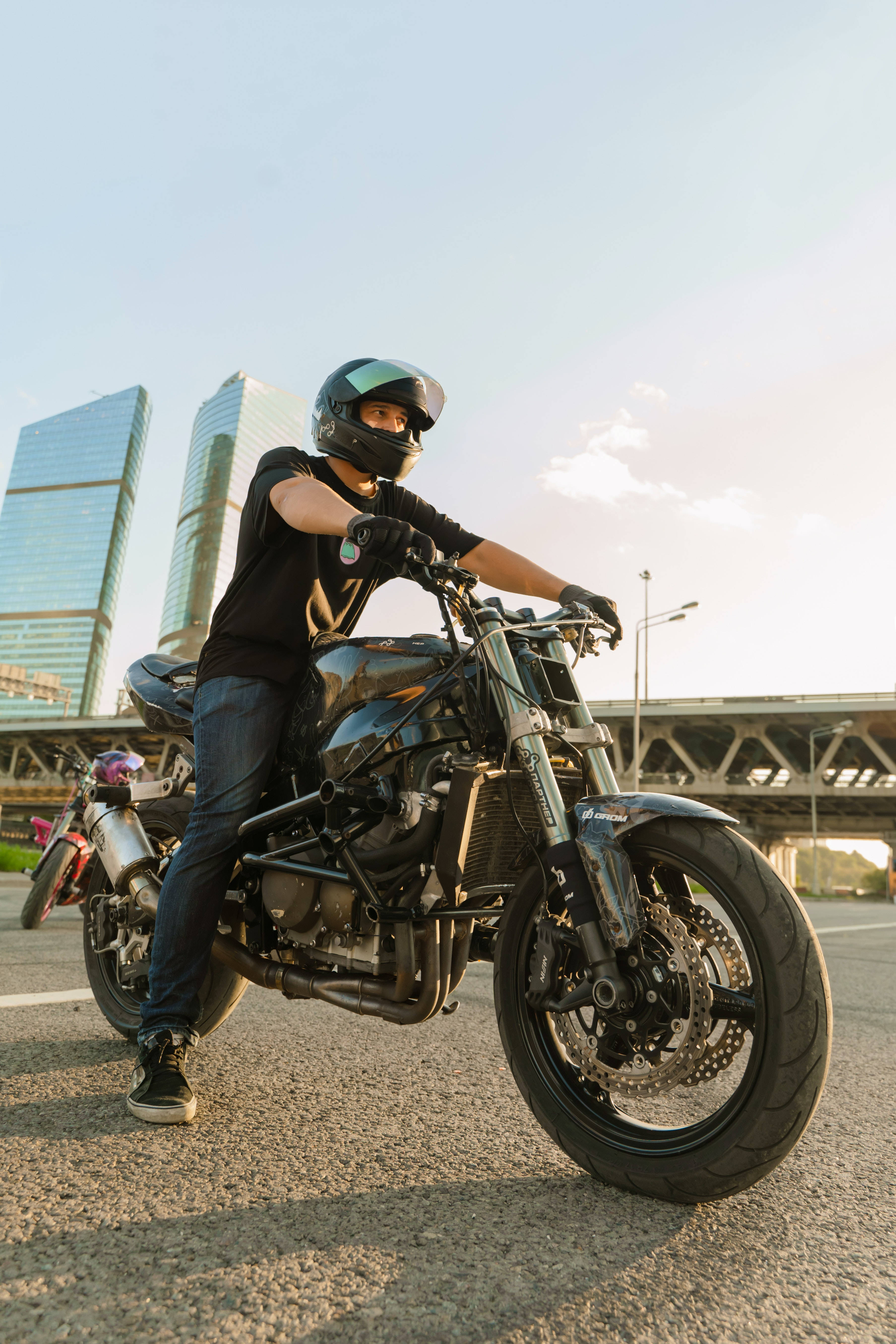 motorcyclist, custom bike, modern skyscrapers, 5K Phone Wallpaper