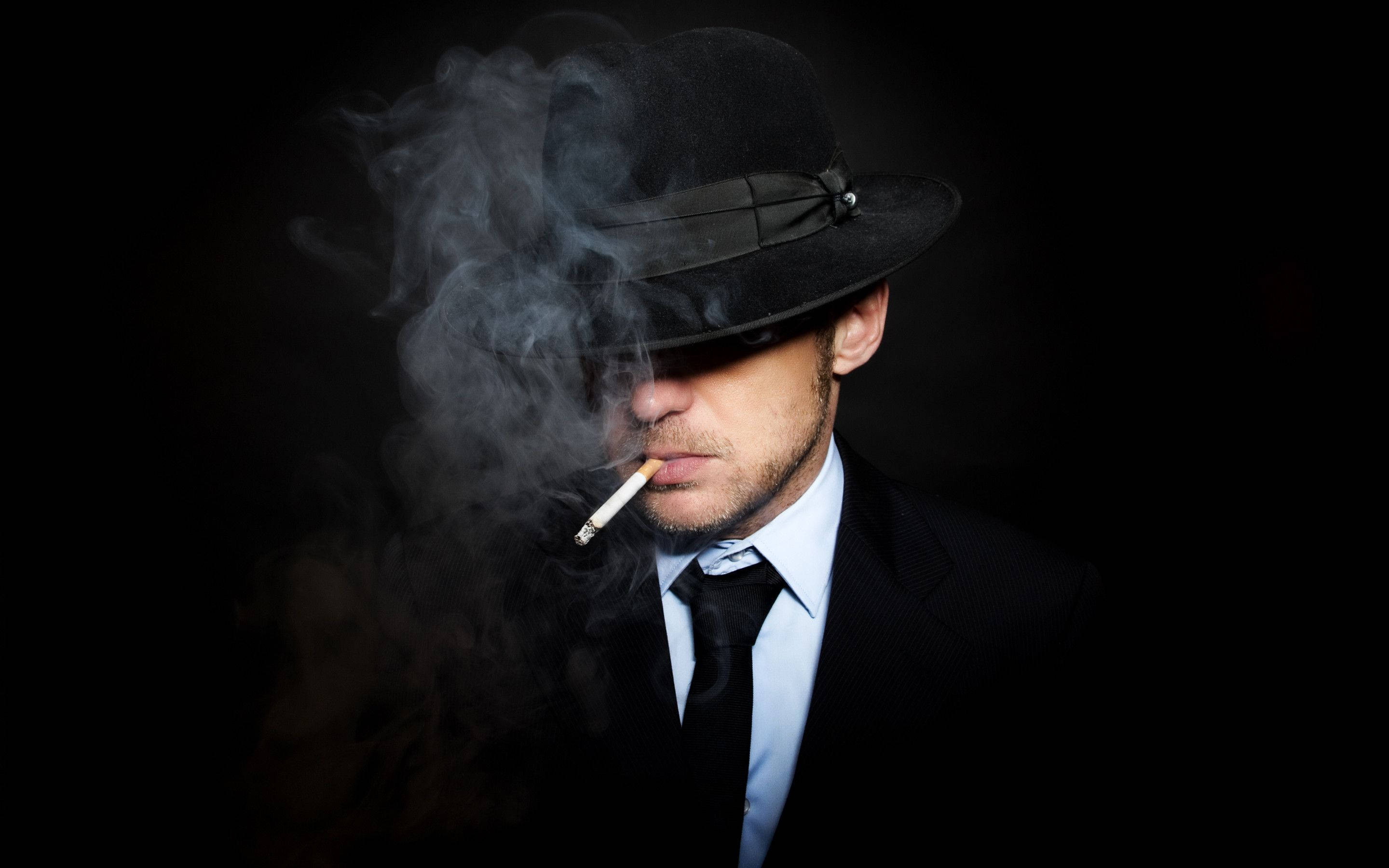 black fedora, suit, cigarette, 2K Desktop Wallpaper