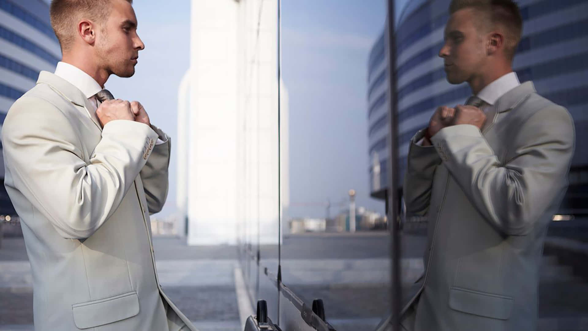 light suit, tie, glass building facade, Full HD Desktop Wallpaper