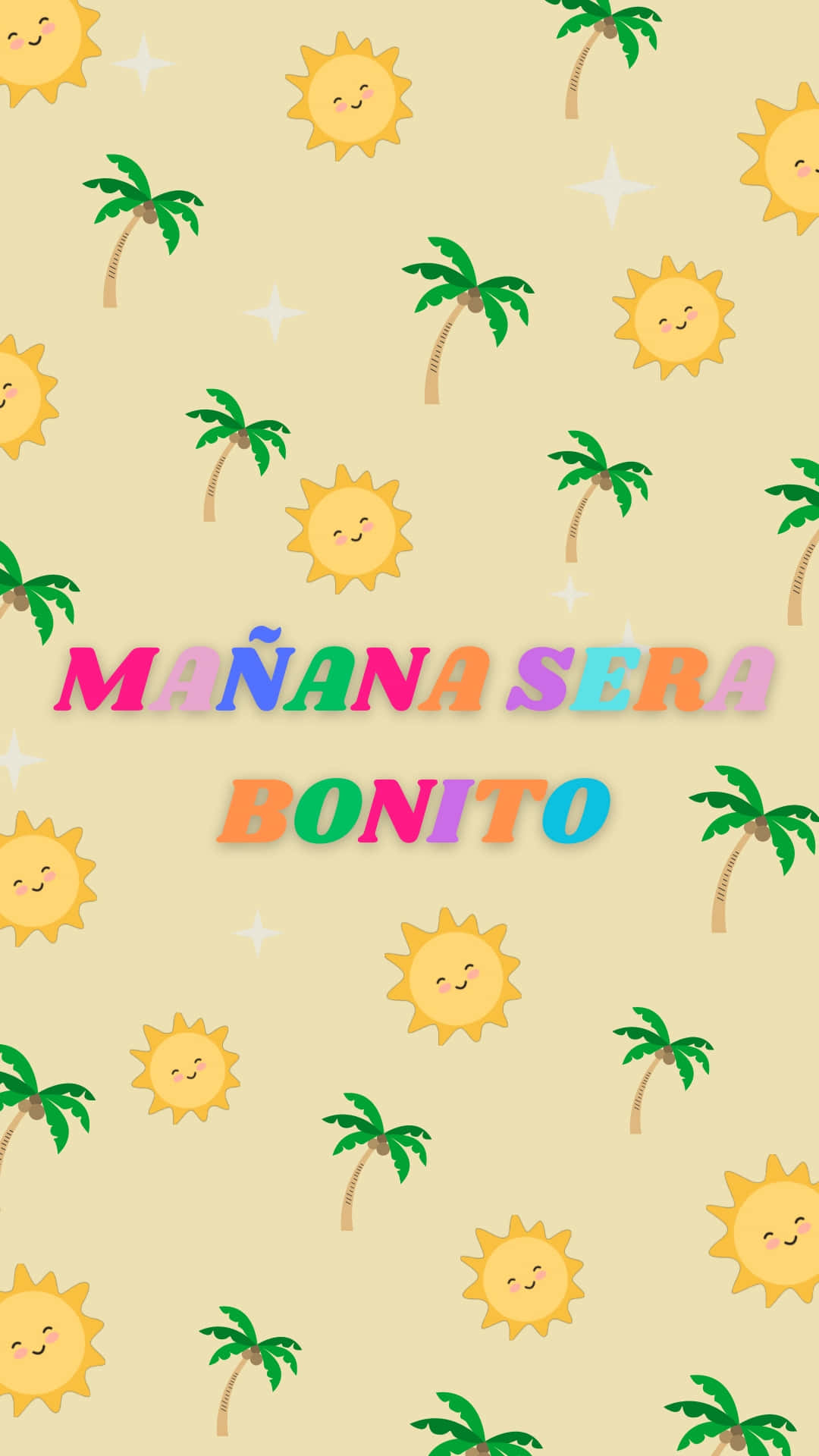 Manana Sera Bonito, yellow suns, green palm trees, Full HD Phone Wallpaper