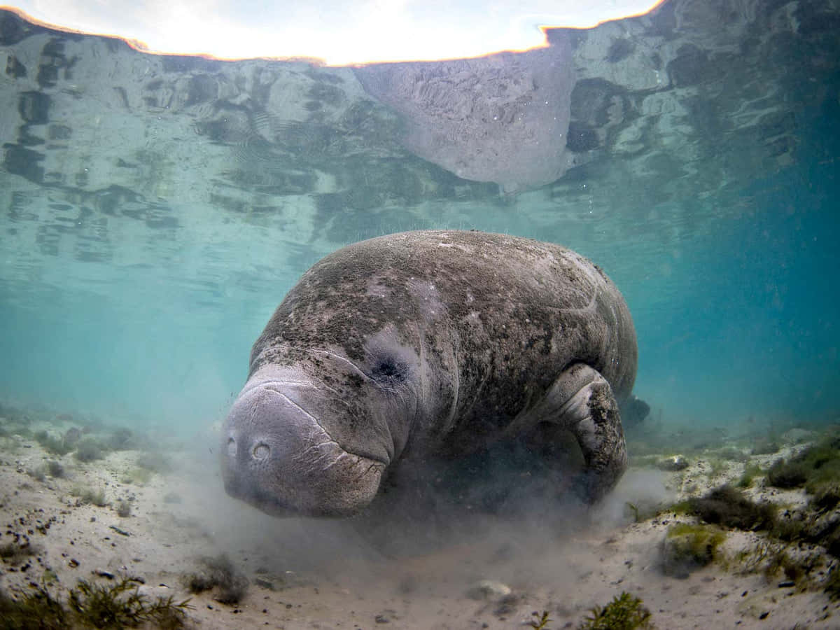 manatee, clear turquoise waters, sunlit sandy bottom, SD Desktop Wallpaper
