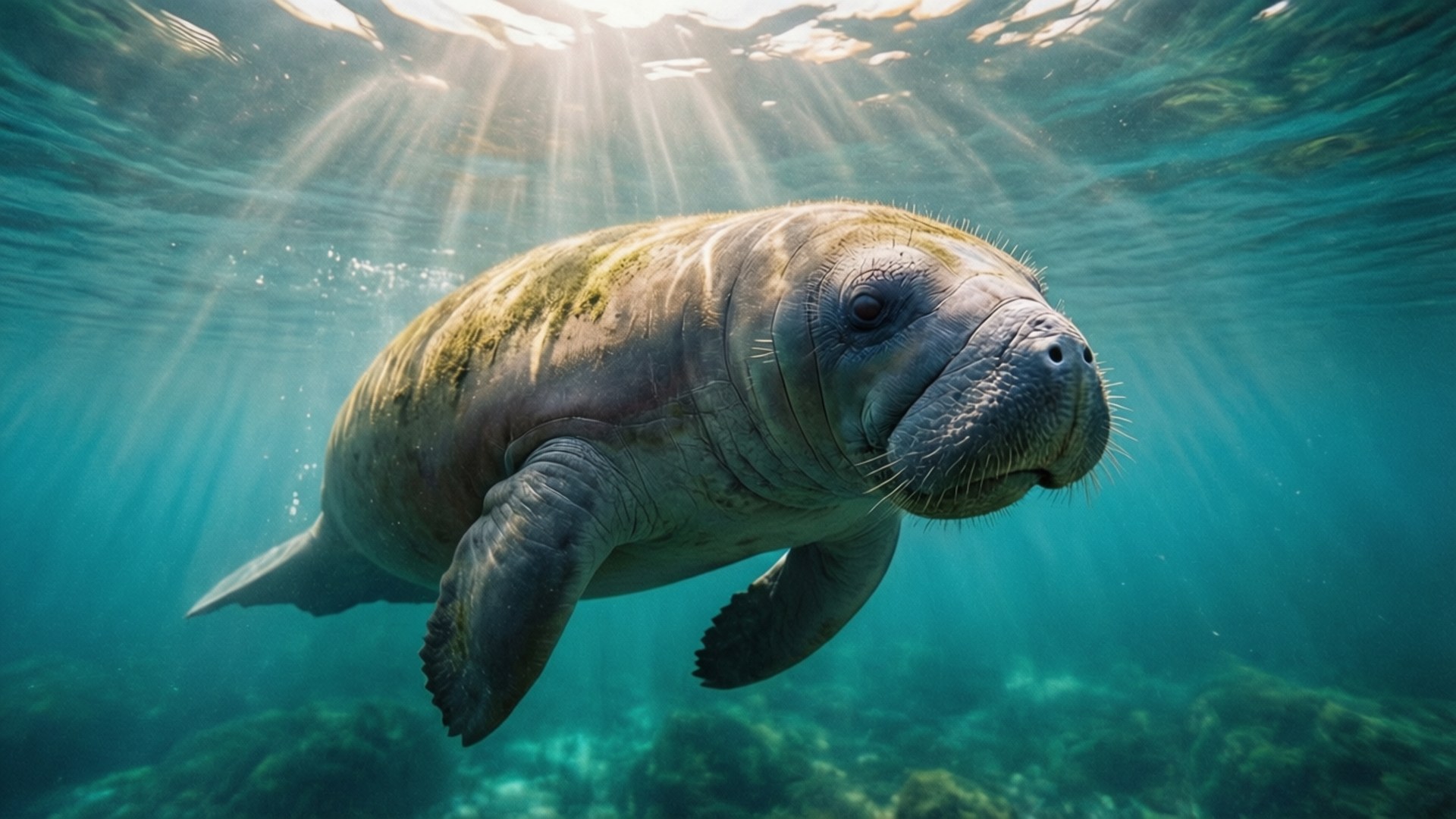 Sunlit Manatee Serenity, manatee, clear turquoise water, Full HD Desktop Wallpaper