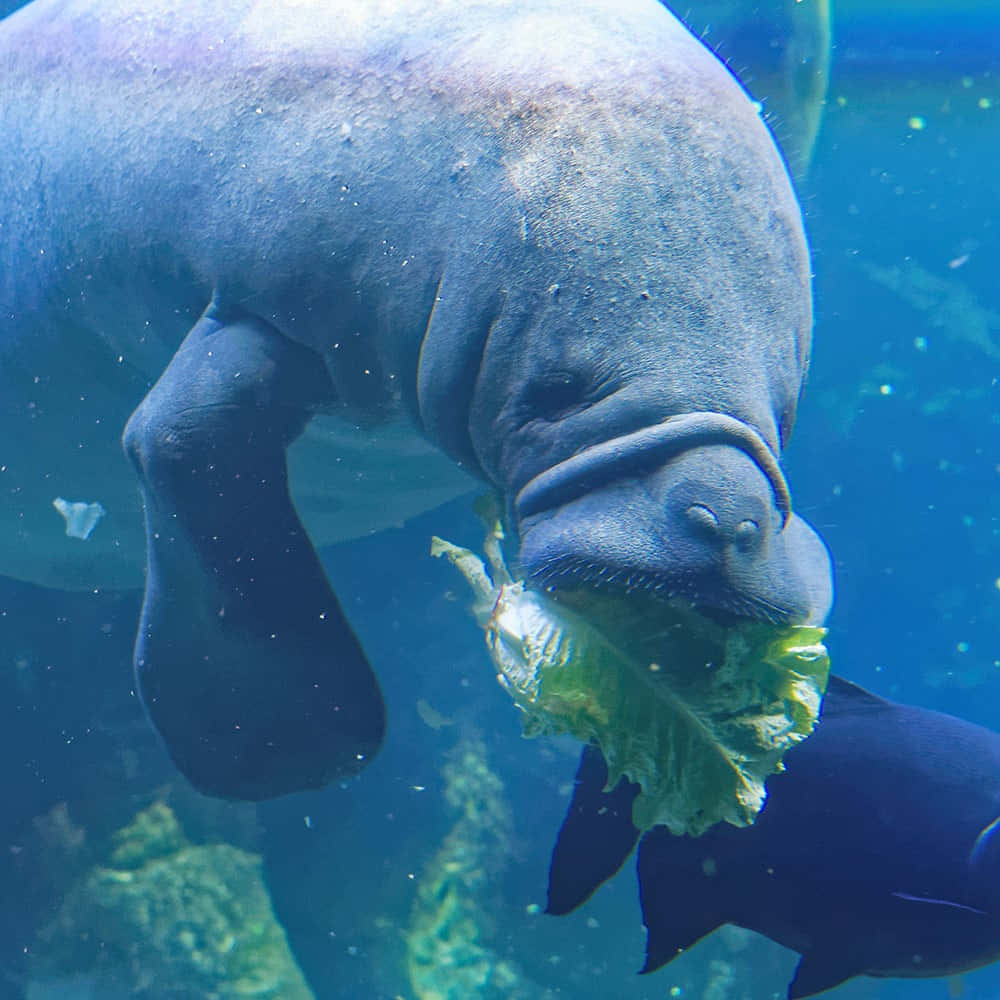 manatee, clear blue water, large green leaf, SD Desktop Wallpaper