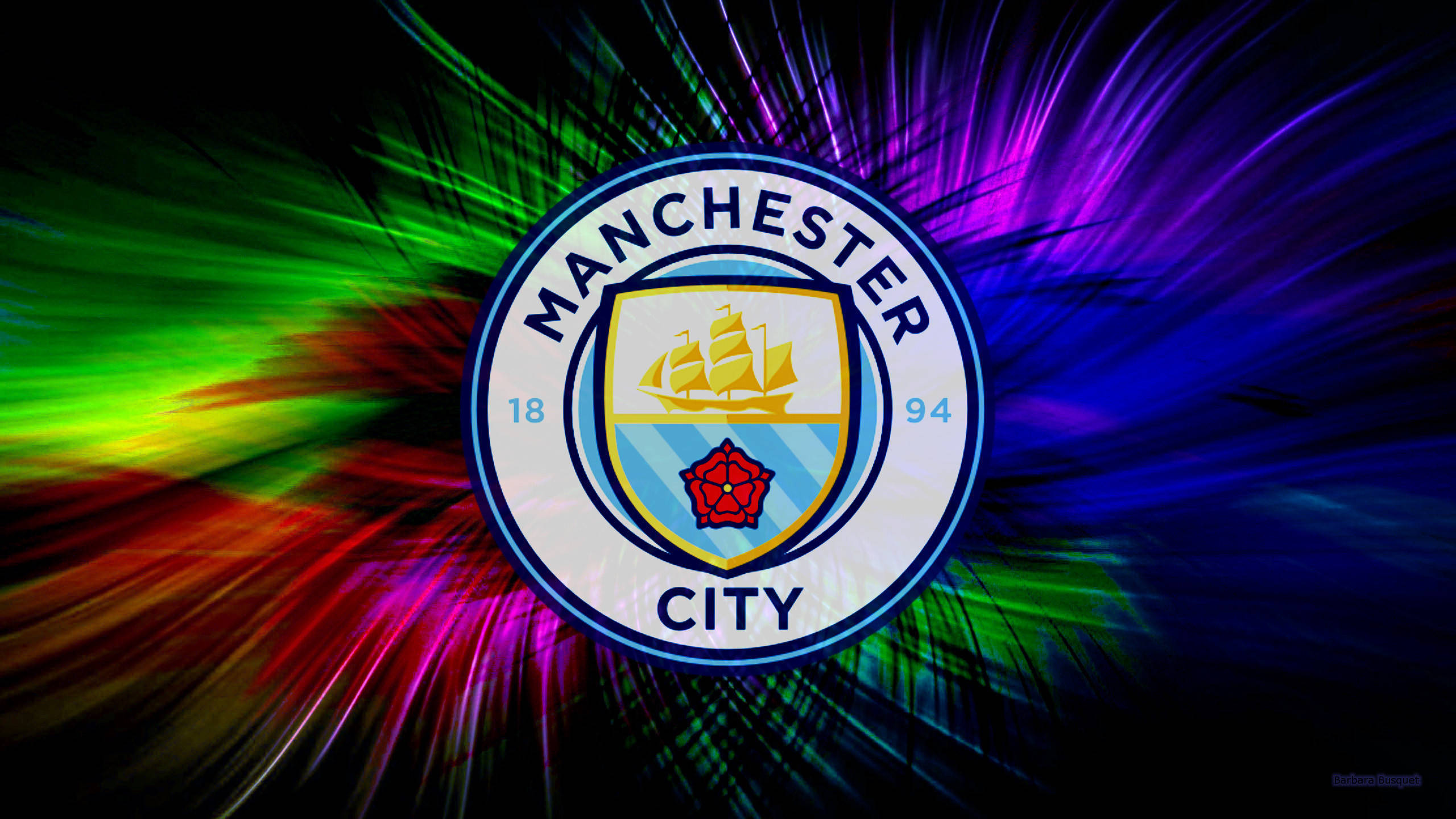 Manchester City, football club crest, vibrant neon streaks, 2K Desktop Wallpaper