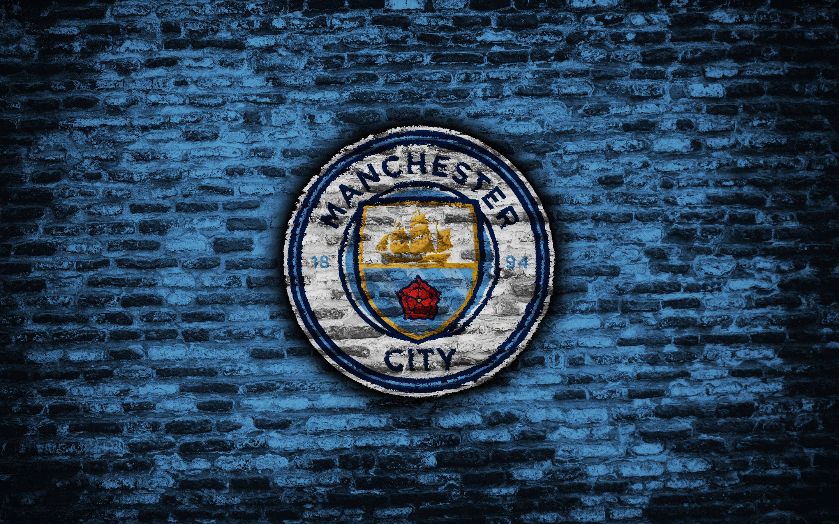 Manchester City, football club crest, textured blue brick wall, 2K Desktop Wallpaper