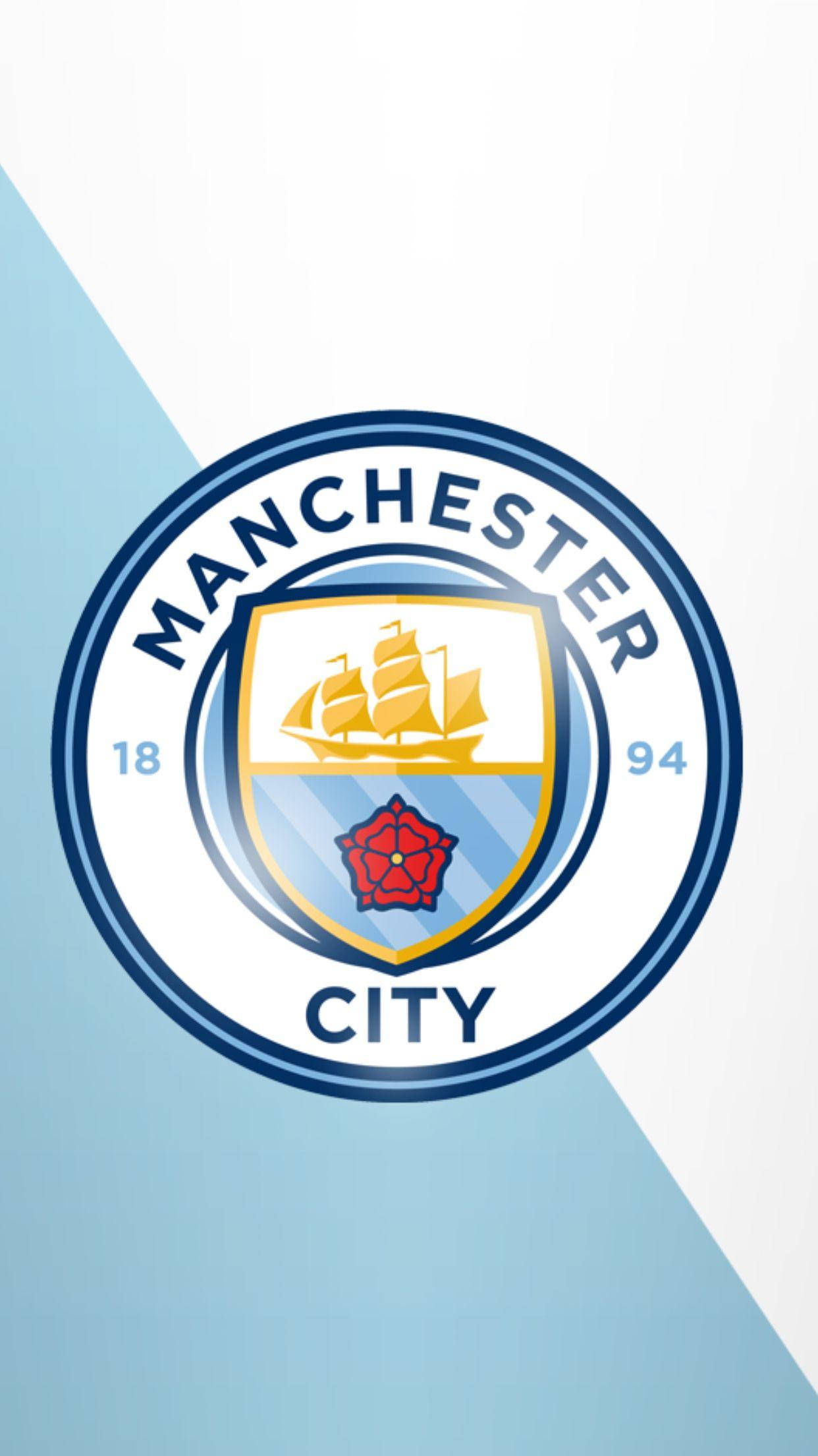 Manchester City, football club crest, light blue and white diagonal background, Full HD Phone Wallpaper