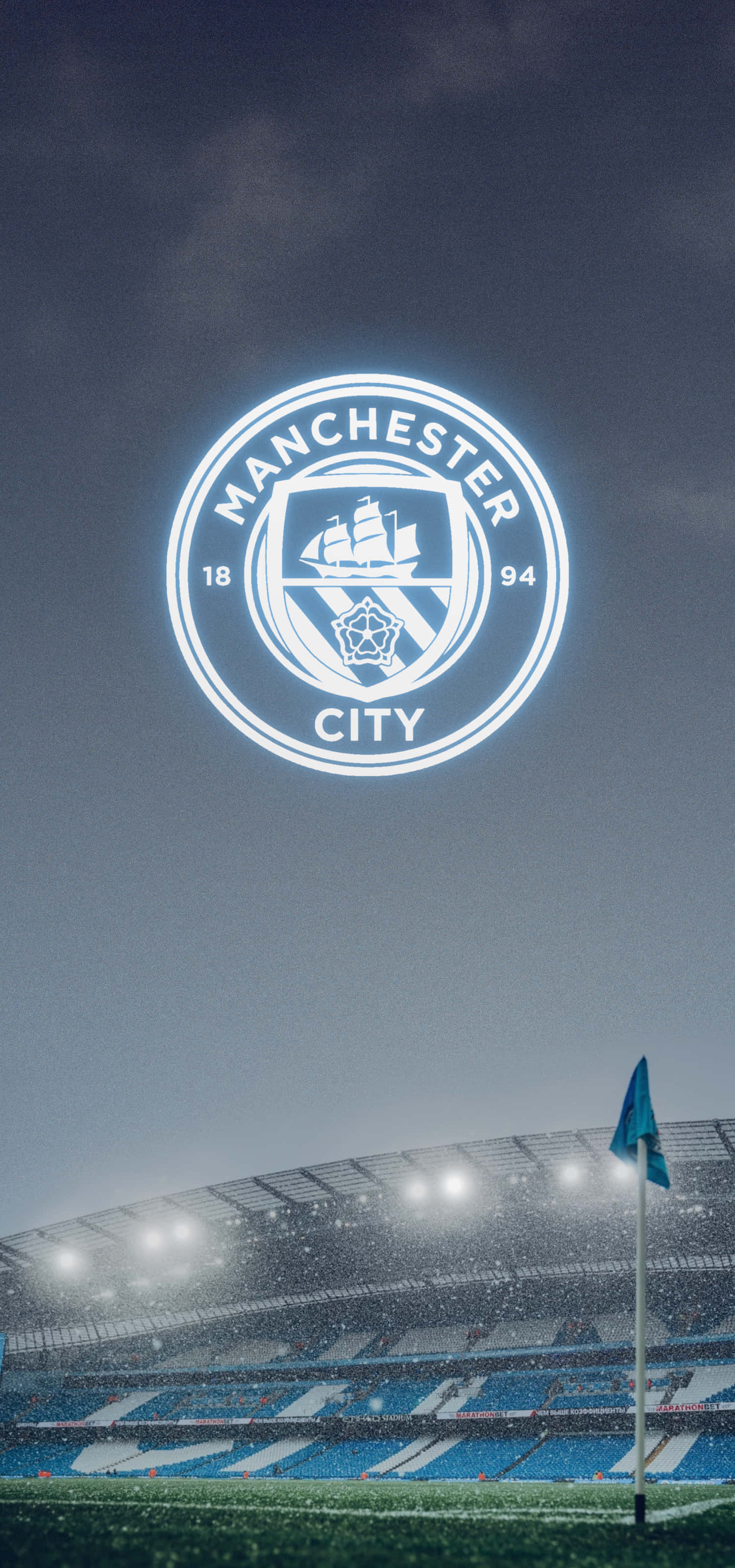 Manchester City Stadium, Manchester City logo, snow-dusted stadium, 2K Phone Wallpaper