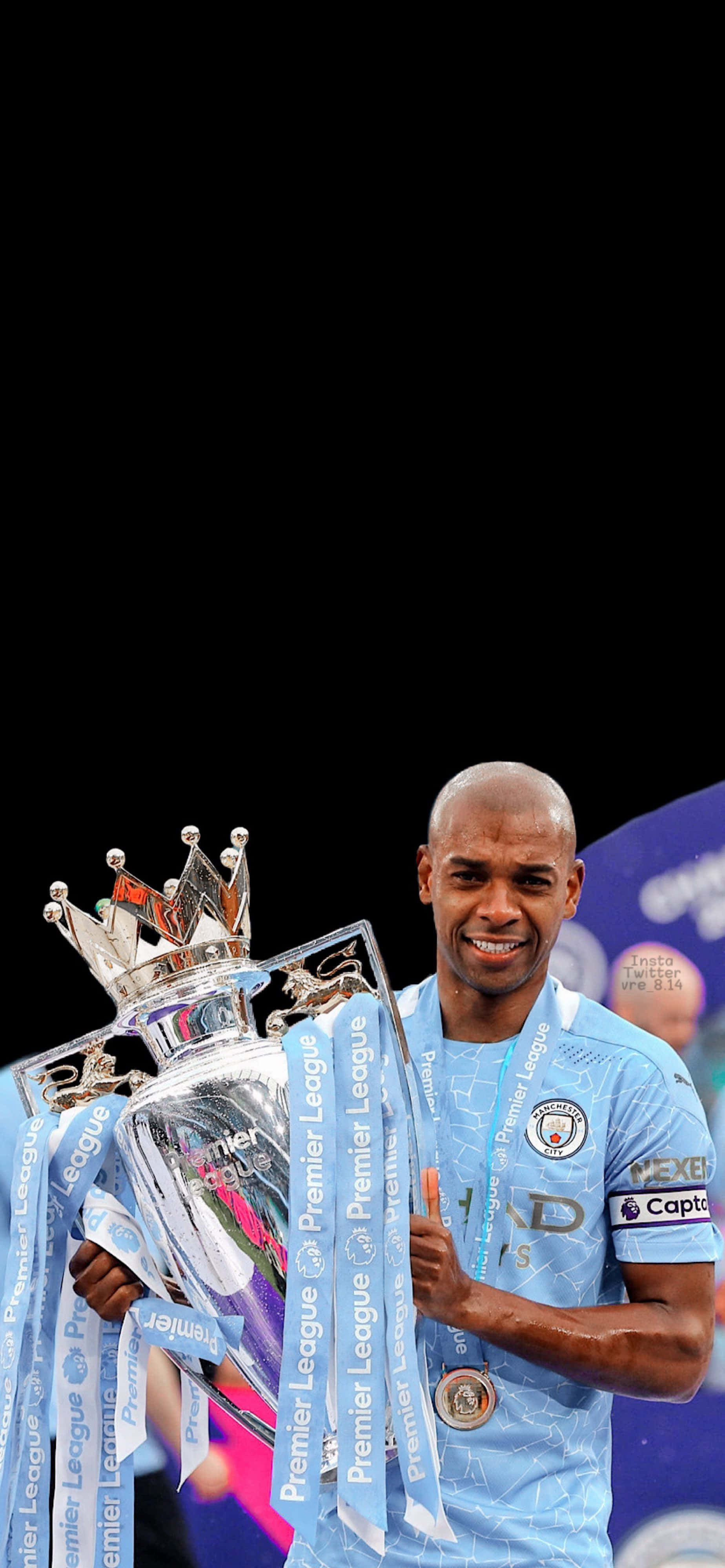 Manchester City, light blue jersey, silver Premier League trophy, 4K Phone Wallpaper