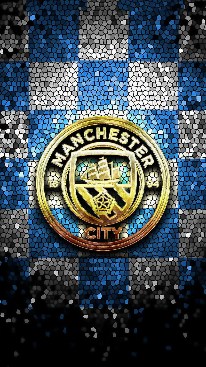 Manchester City, golden Manchester City crest, blue and white checkered mosaic background, HD Phone Wallpaper