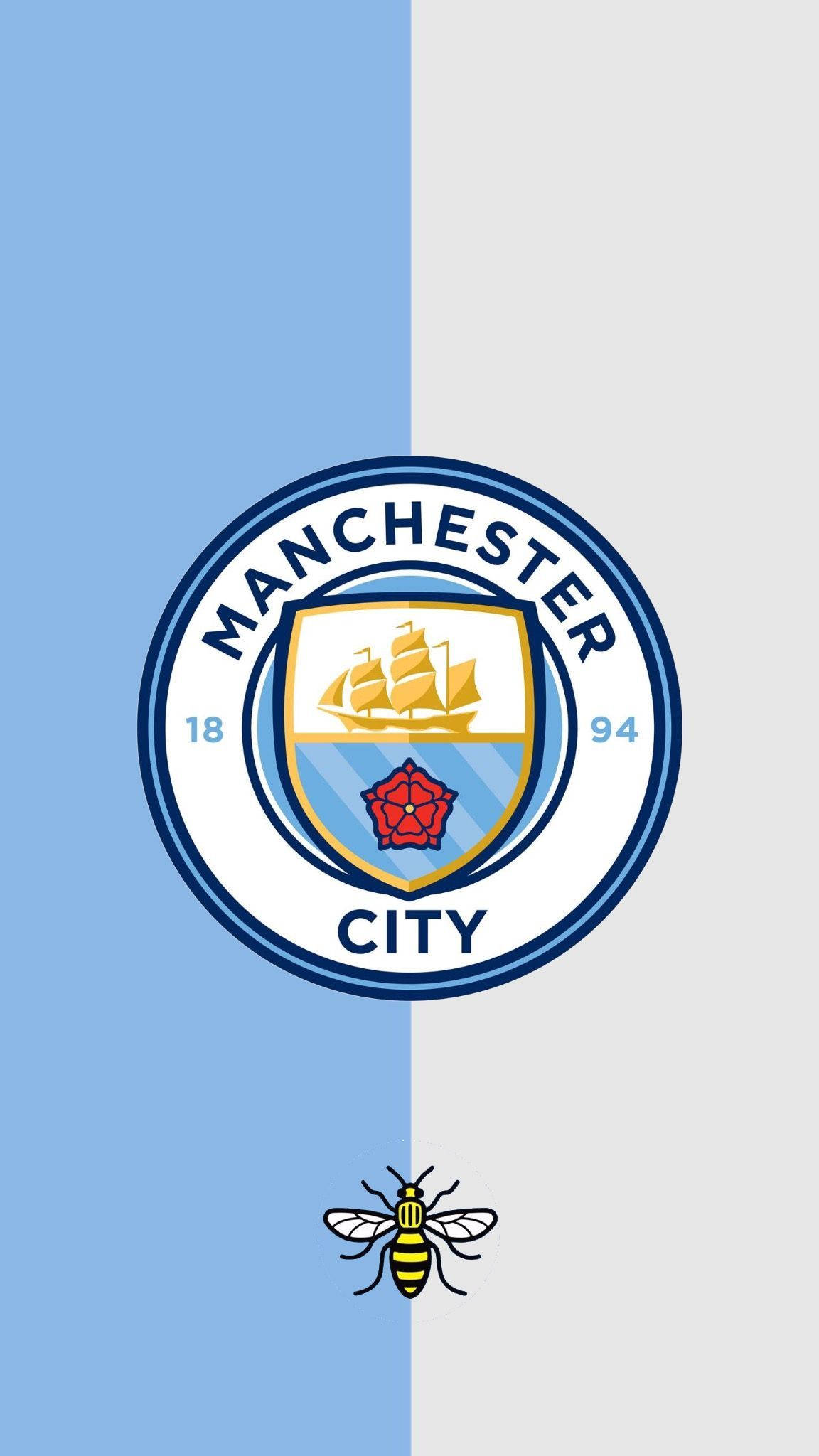Manchester City, worker bee symbol, blue and white split background, Full HD Phone Wallpaper