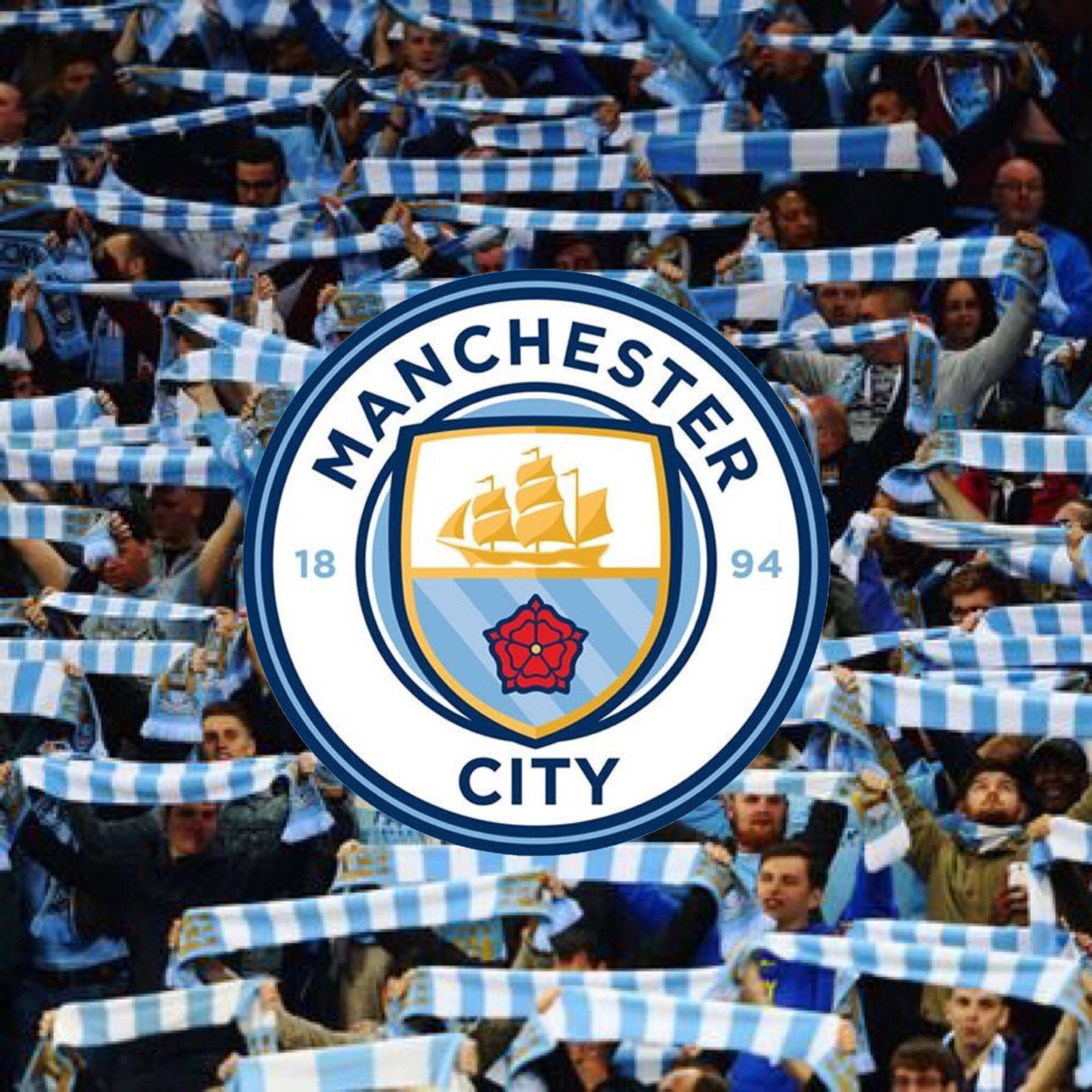 Manchester City, blue and white striped scarves, club's iconic crest, Full HD Desktop Wallpaper