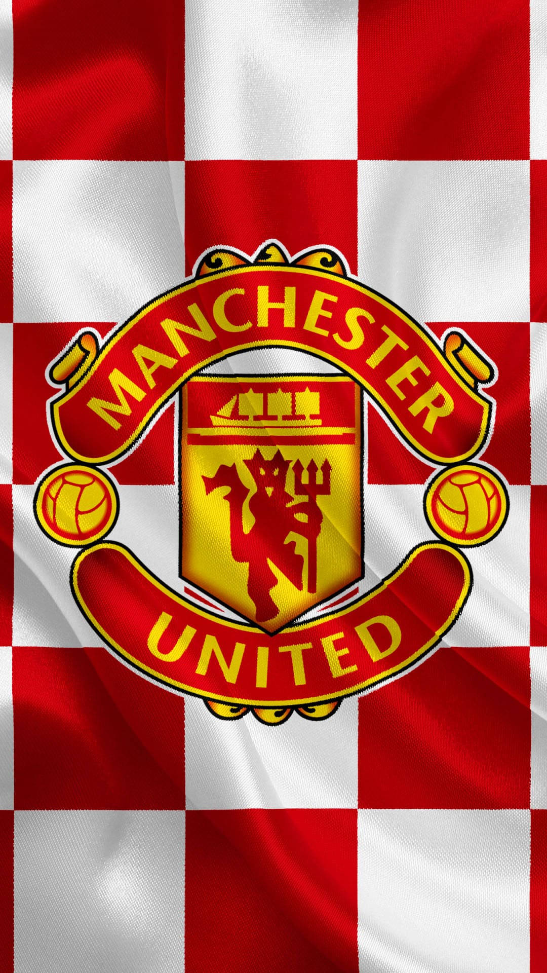 Manchester United, red and white checkered fabric, Manchester United crest, Full HD Phone Wallpaper