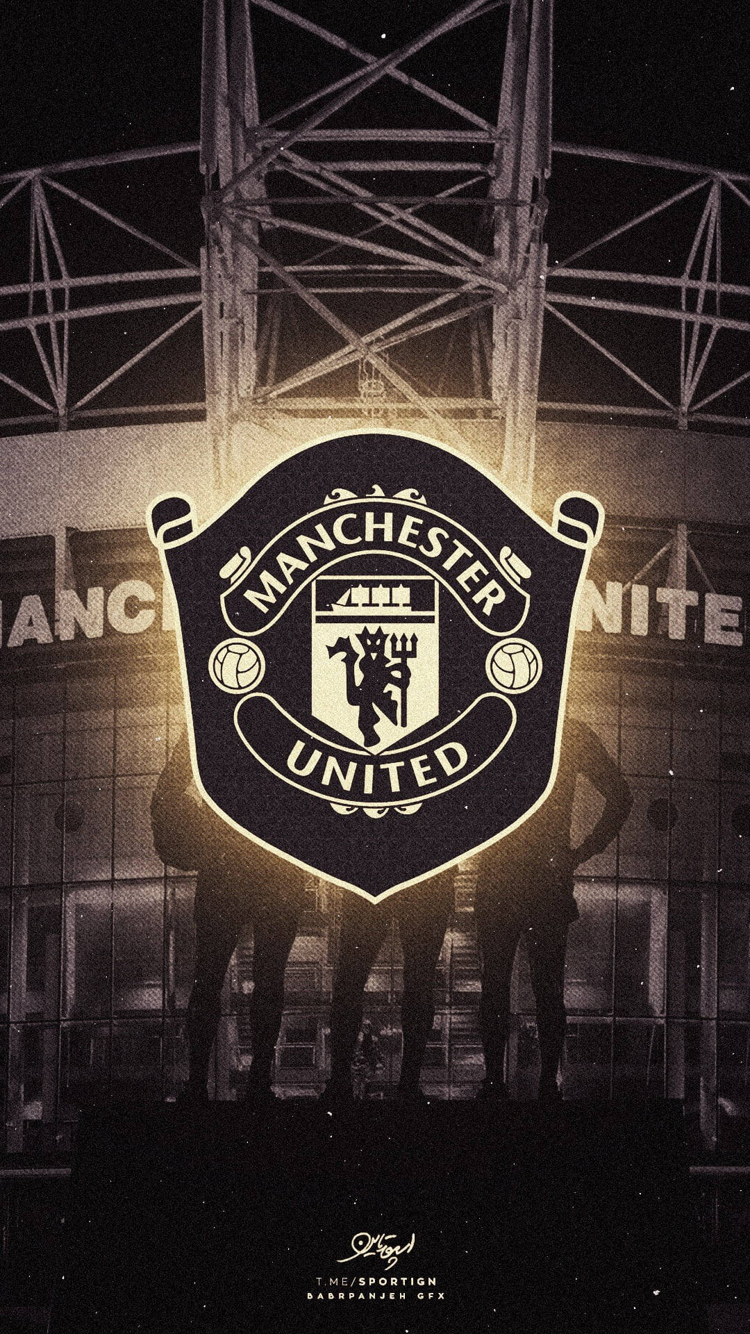 Manchester United crest, dark stadium backdrop, silhouetted fans, Full HD Phone Wallpaper