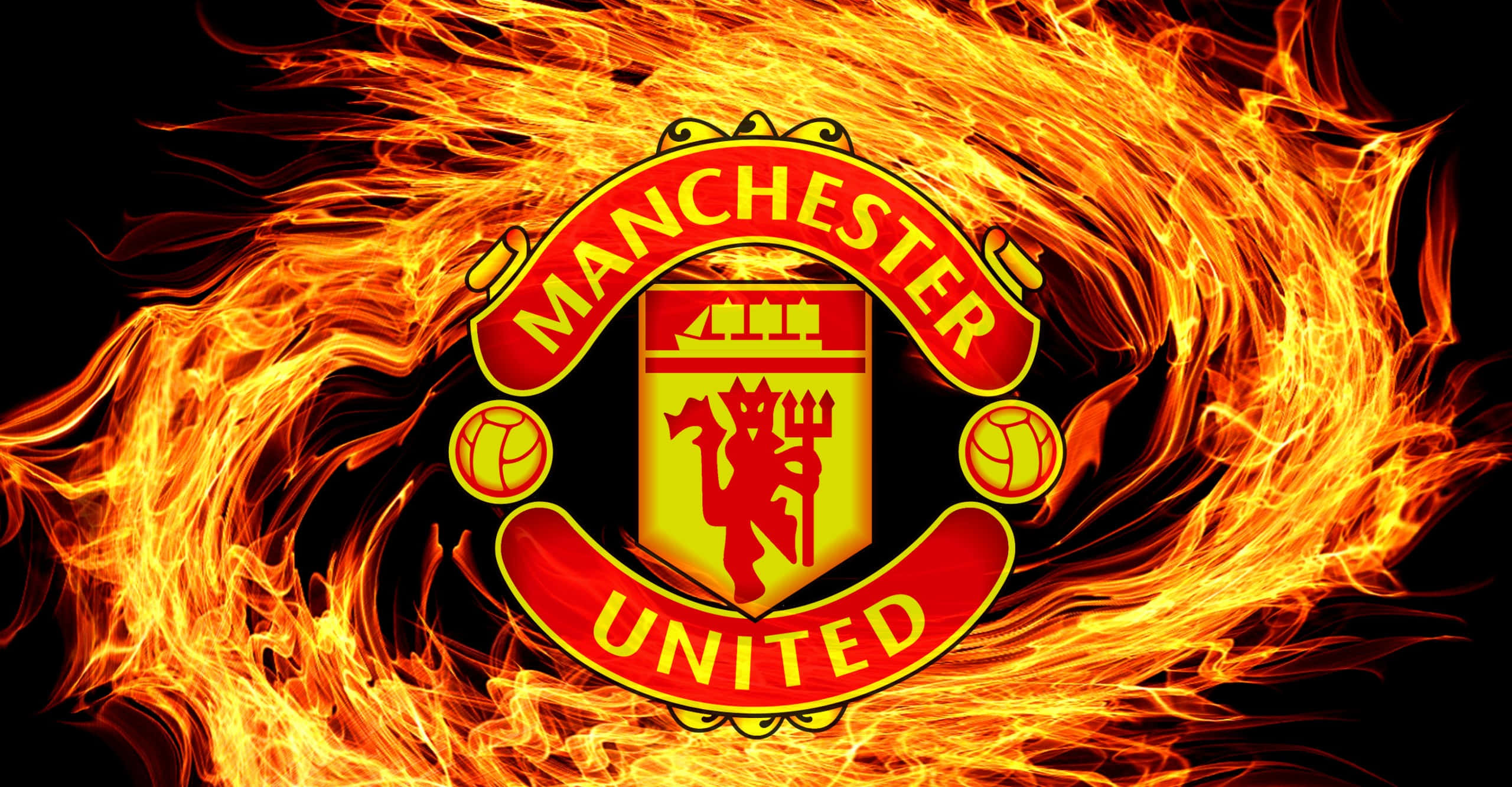 Manchester United, crests, swirling orange flames, 2K Desktop Wallpaper