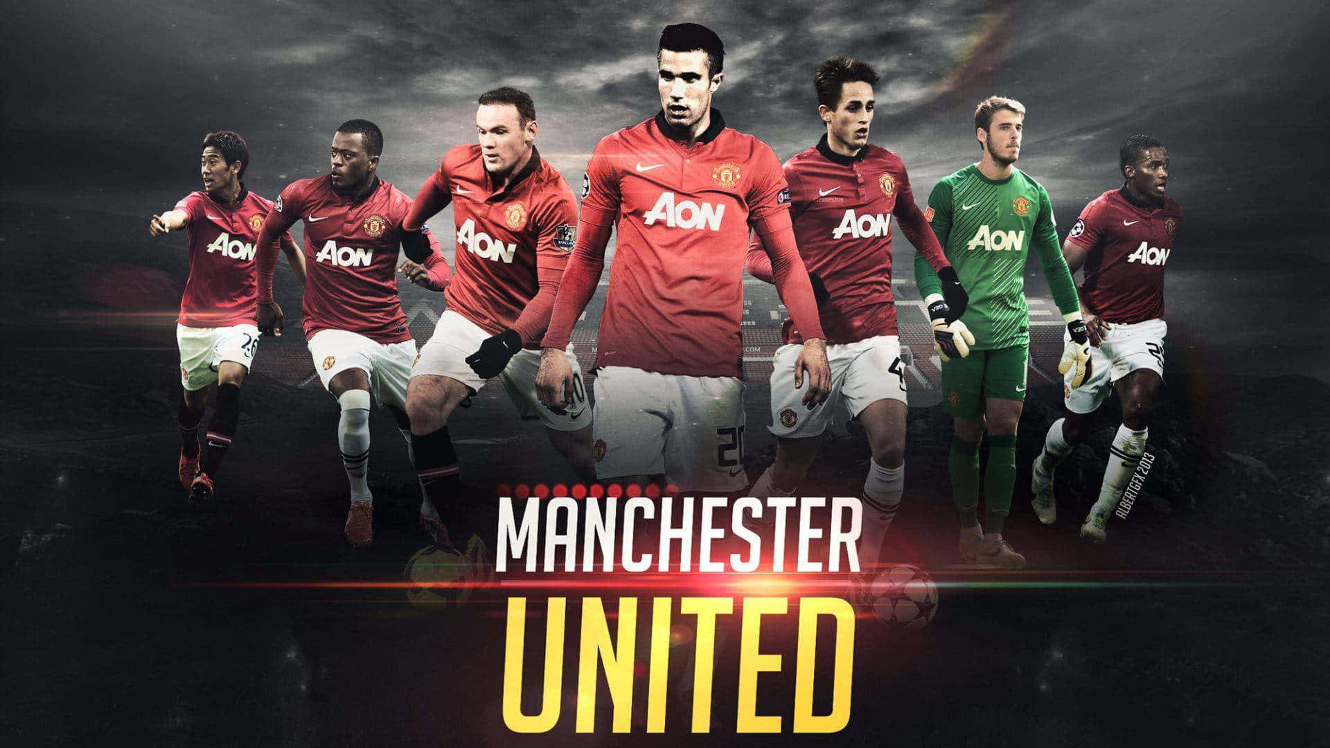 Manchester United Team, red and green kits, dark stormy backdrop, Full HD Desktop Wallpaper