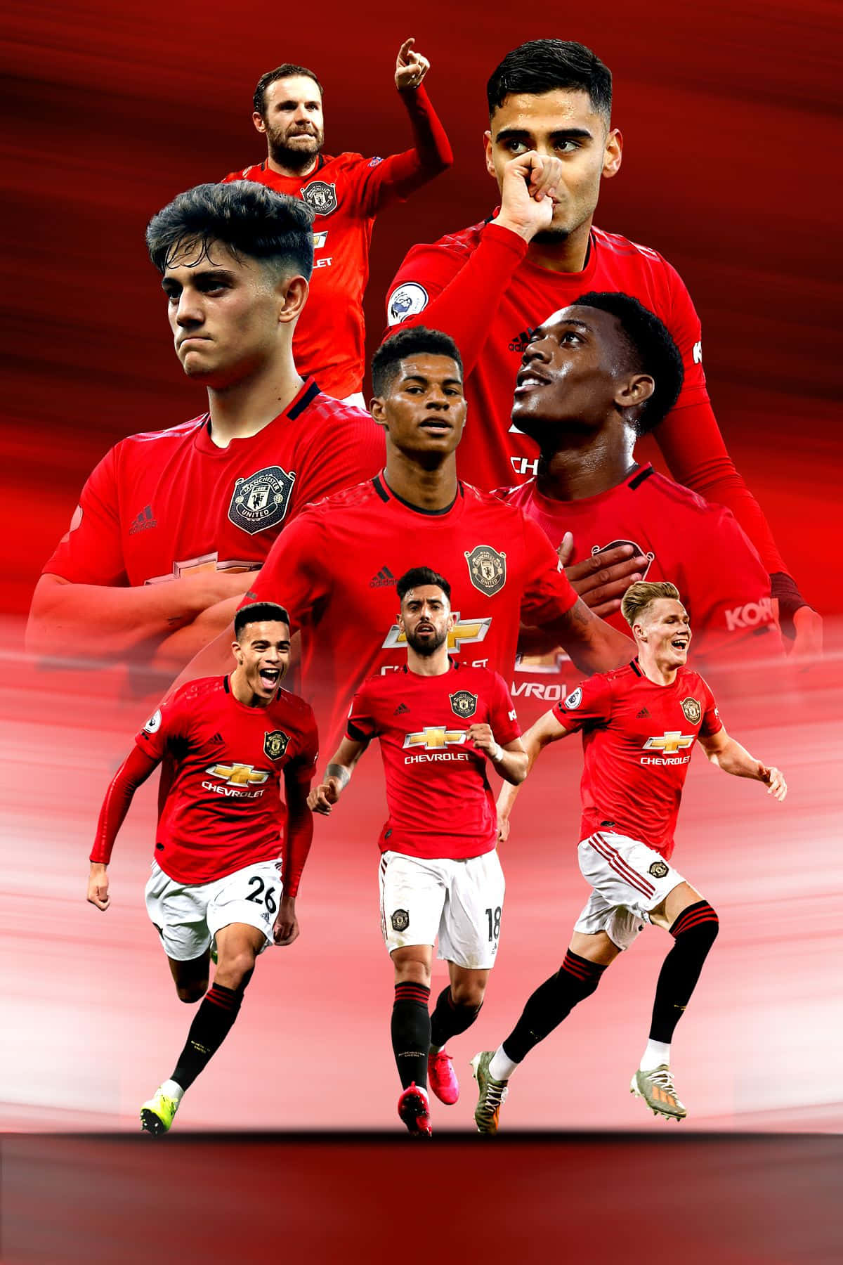 Manchester United, red jerseys, vibrant red gradient background, HD Phone Wallpaper
