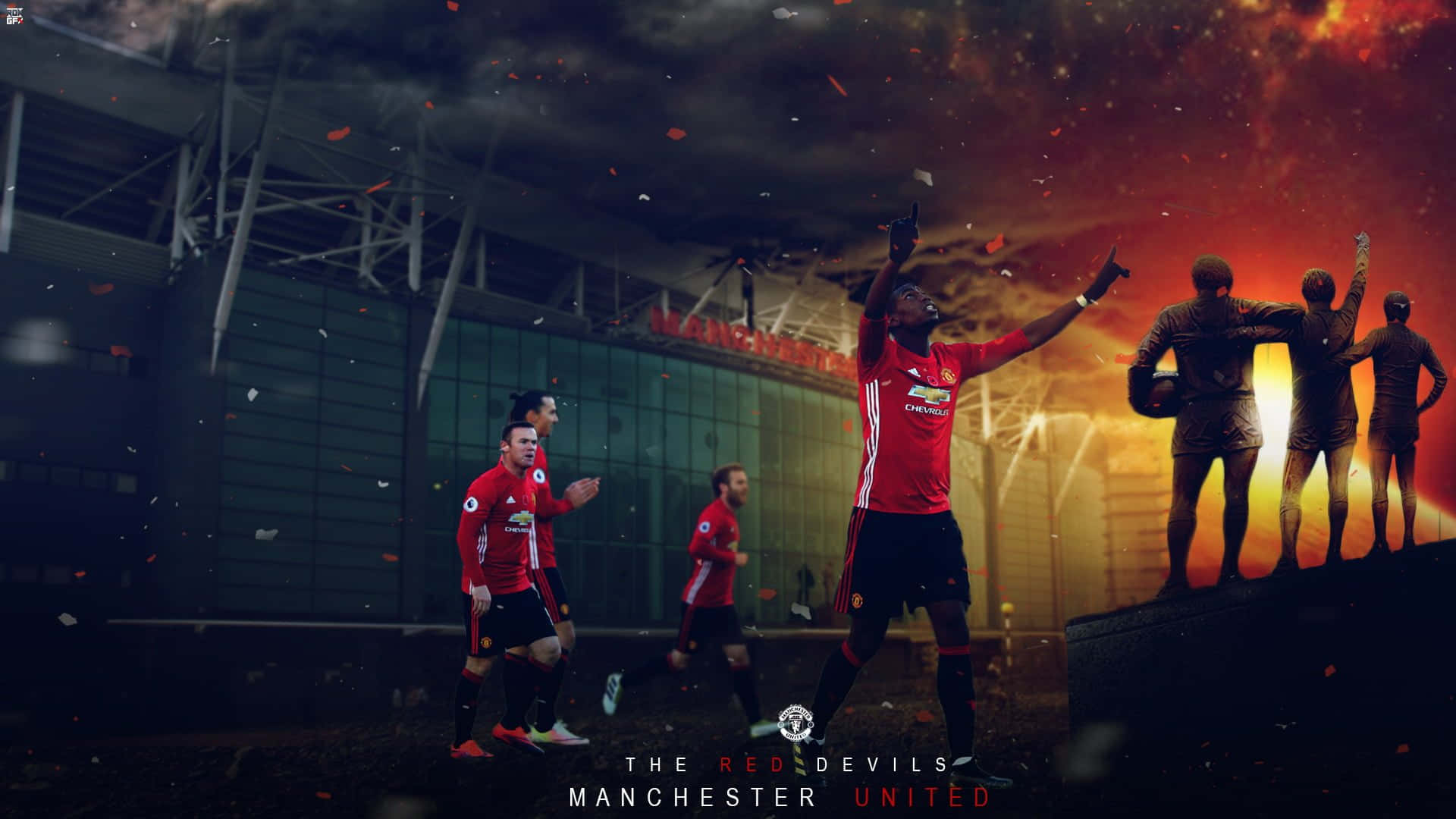 Manchester United Team, fiery sunset sky, confetti, Full HD Desktop Wallpaper