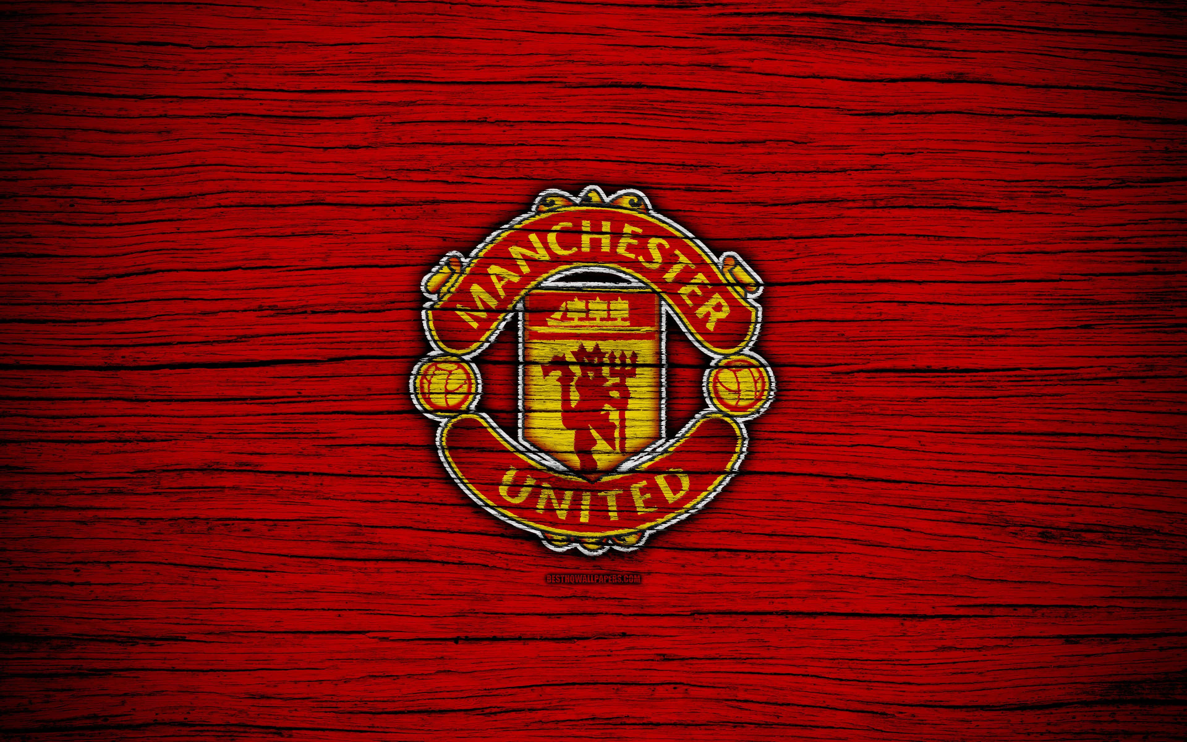 Manchester United, Manchester United crest, deep red wooden background, 4K Desktop Wallpaper