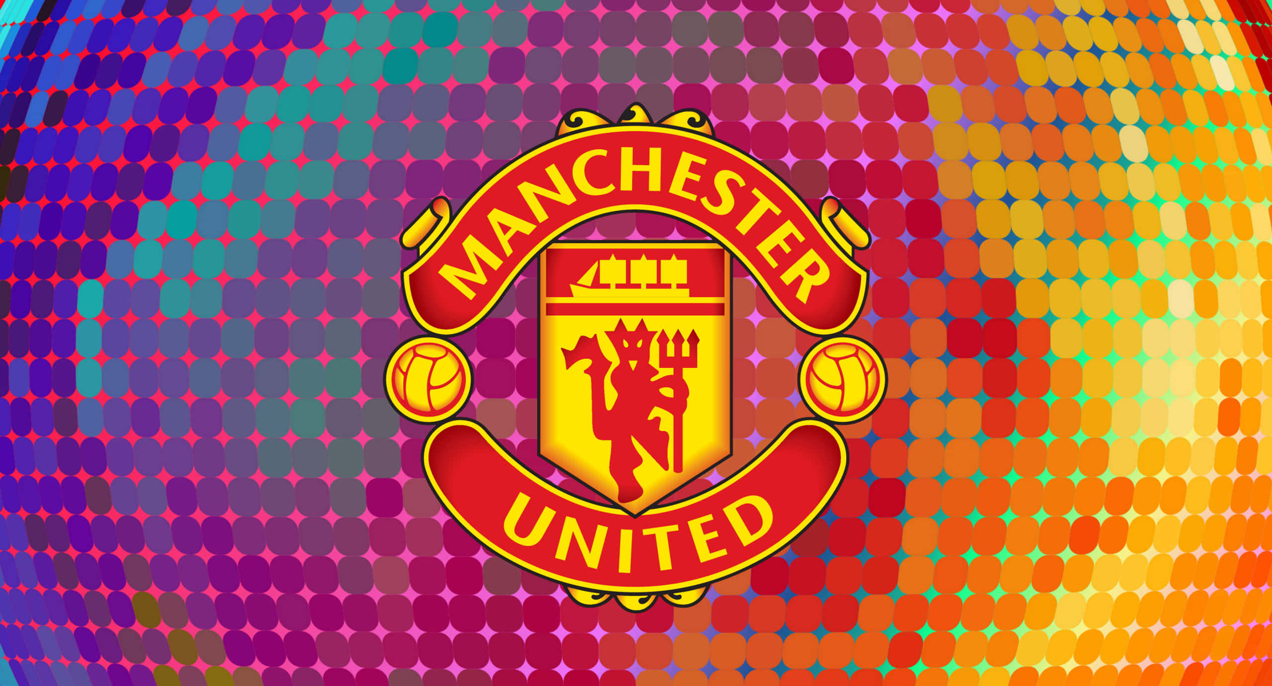 Manchester United crest, red and gold, vibrant gradient dot pattern, 2K Desktop Wallpaper