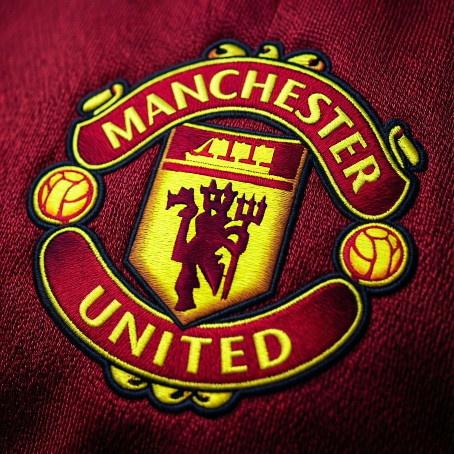 Manchester United crest, maroon fabric, yellow and black detailing, HD Desktop Wallpaper
